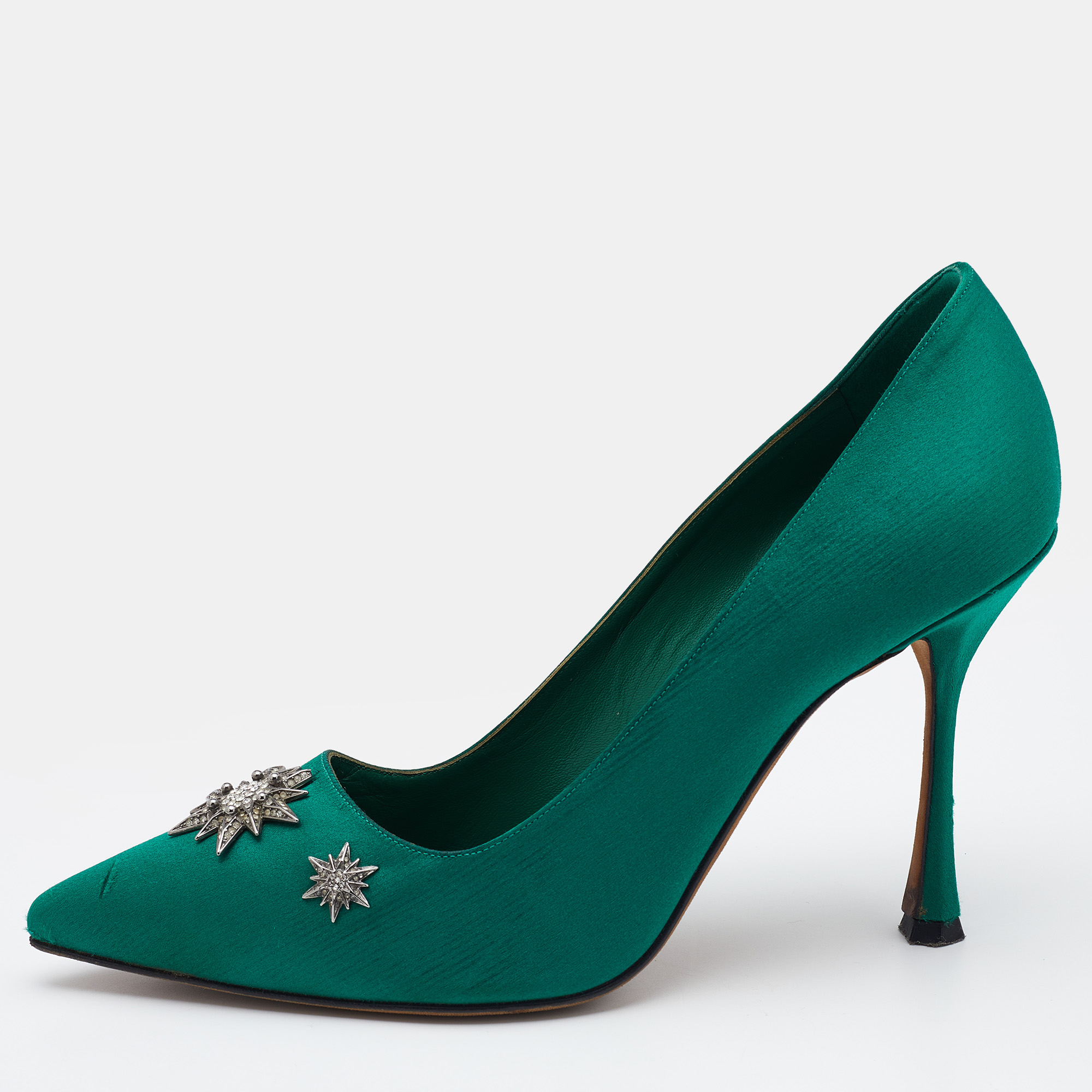 Pre-owned Manolo Blahnik Green Satin Embellished Pointed Toe Pumps Size 37.5