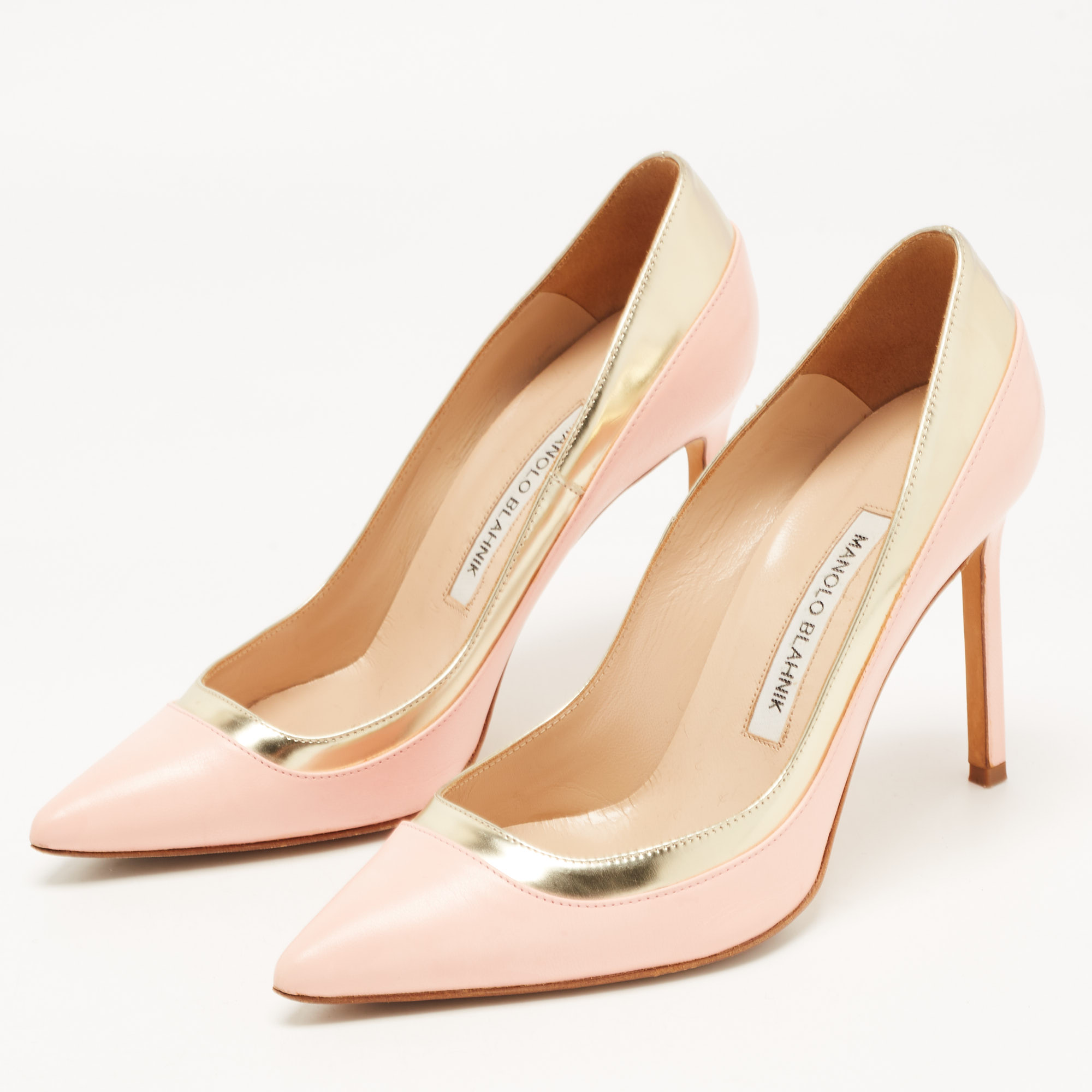 

Manolo Blahnik Pink/Gold Patent and Leather BB Pumps Size