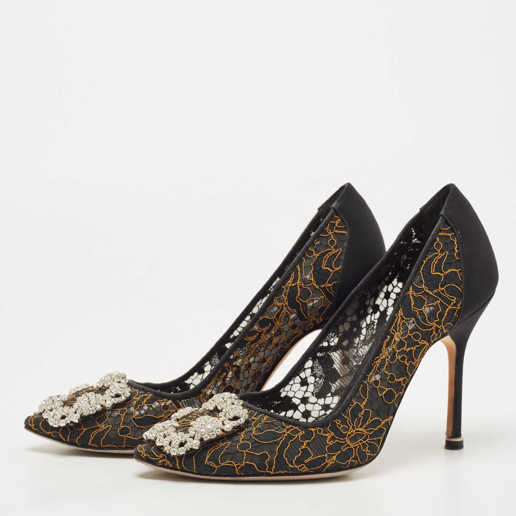 

Manolo Blahnik Black/Yellow Satin and Lace Hangisi Pumps Size