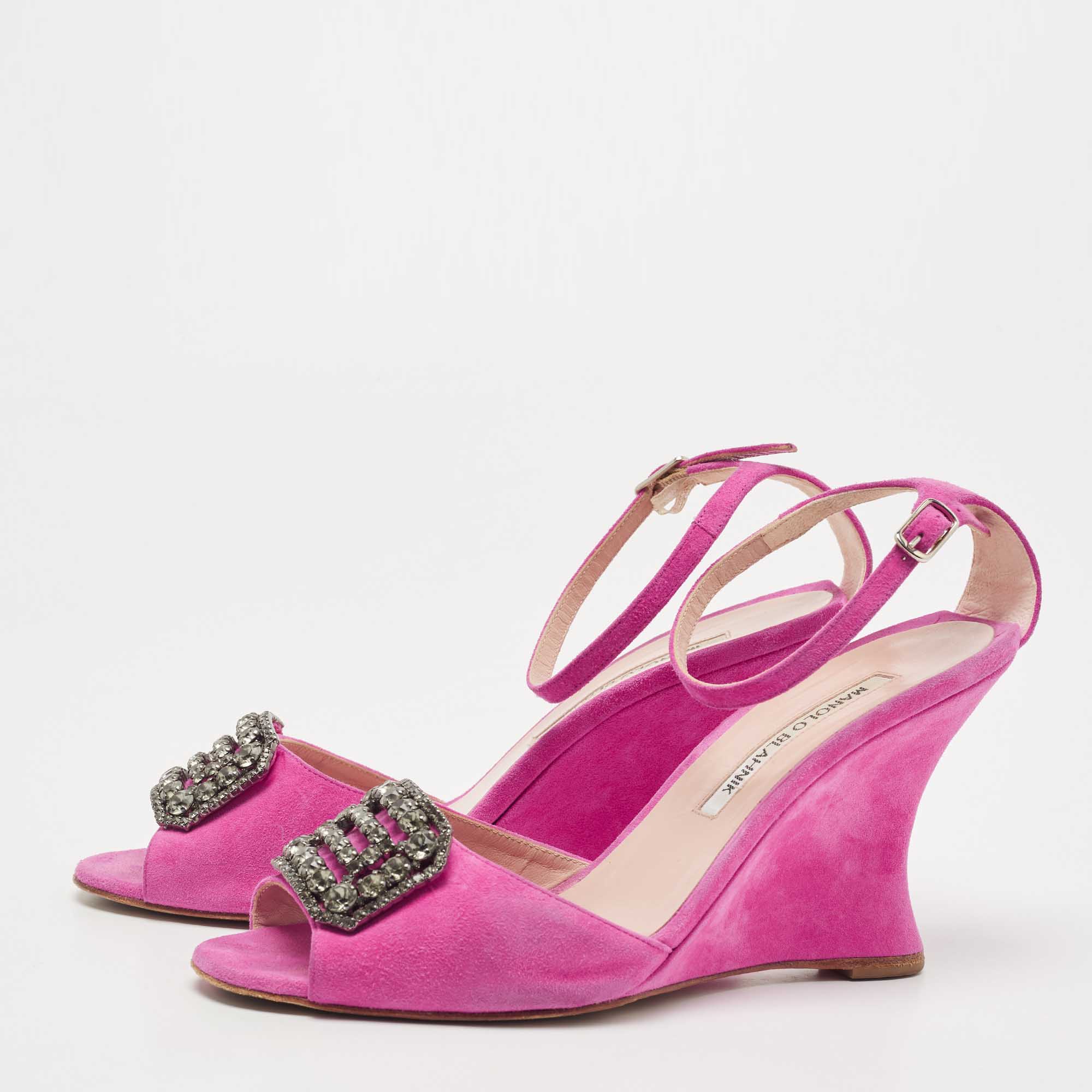 

Manolo Blahnik Pink Suede Crystal Embellished Ankle Strap Wedge Sandals Size