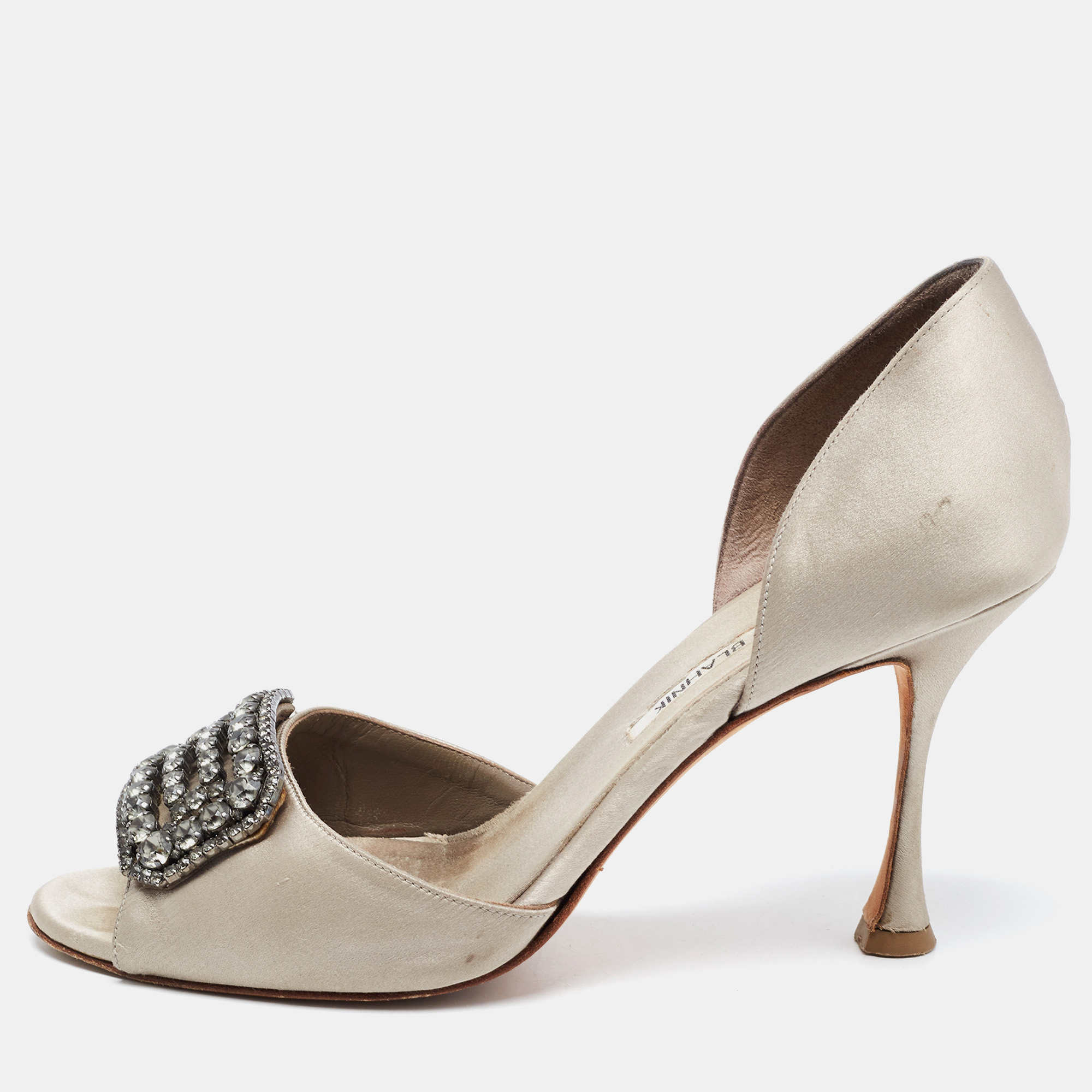 

Manolo Blahnik Grey Satin Alicia Open Toe Pumps Size