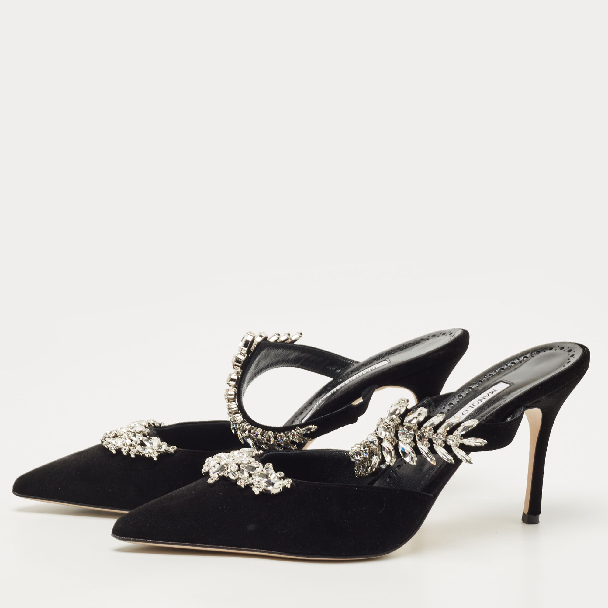 

Manolo Blahnik Black Velvet Crystal Lurum Crystal Embellished Mary Jane Pumps Size