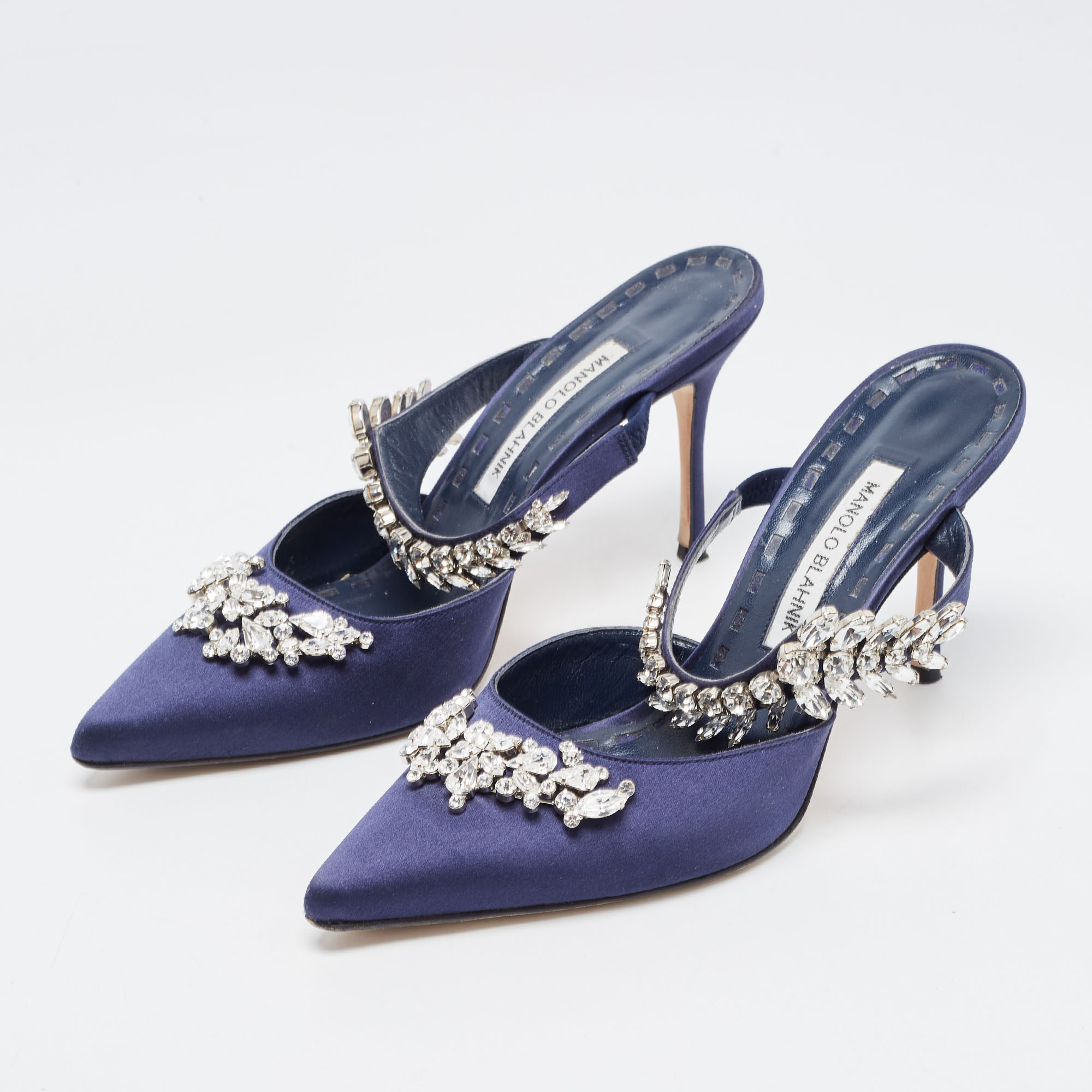 

Manolo Blahnik Navy Blue Satin Crystal Embellished Lurum Mules Size