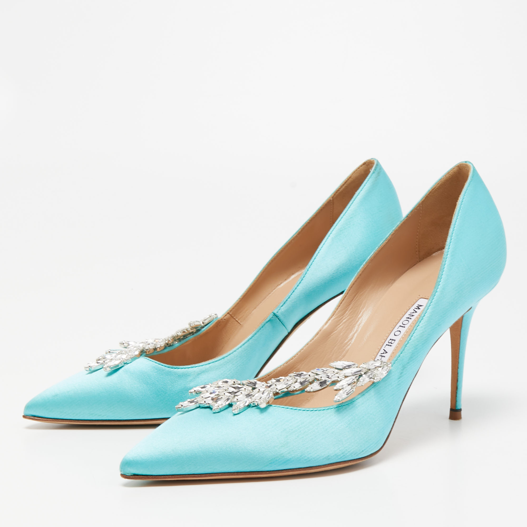 

Manolo Blahnik Sky Blue Satin Nadira Crystal Embellished Pointed Toe Pumps Size