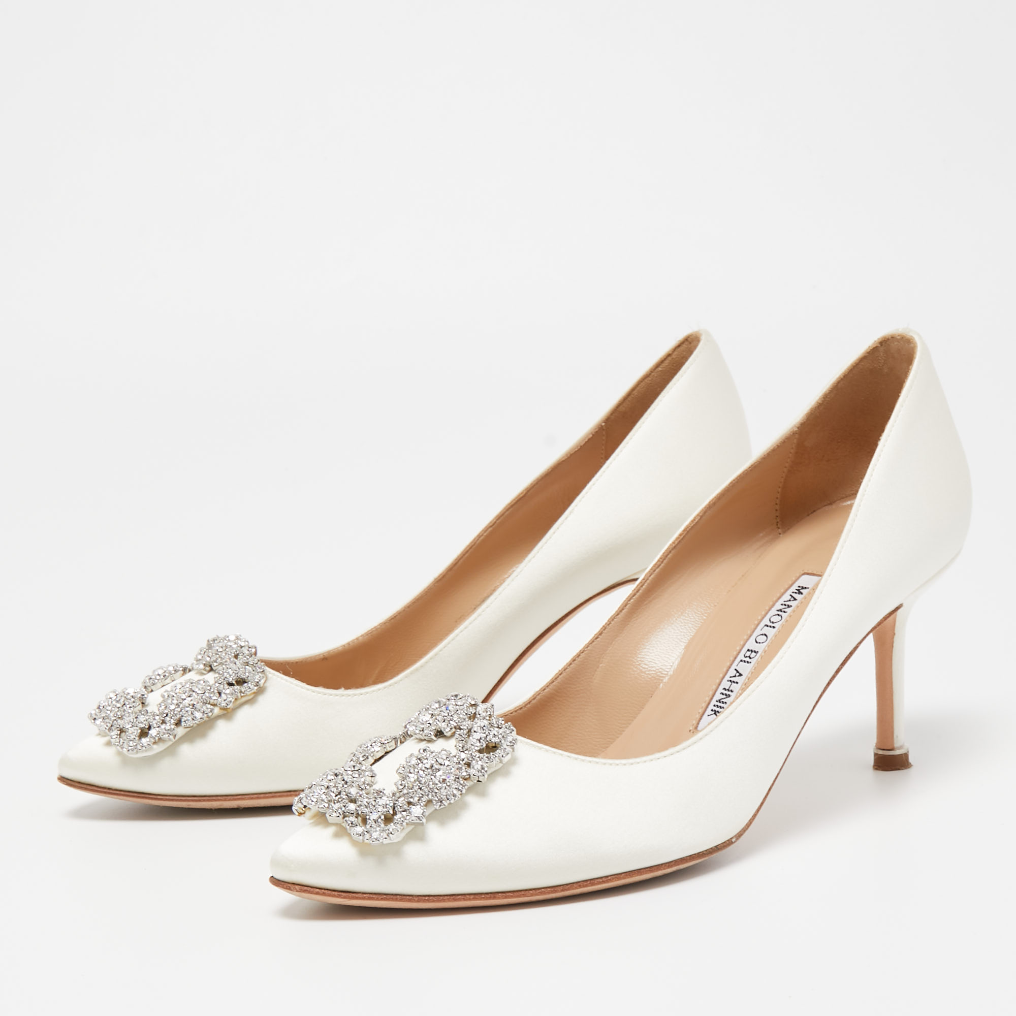 

Manolo Blahnik White Satin Hangisi Pumps Size