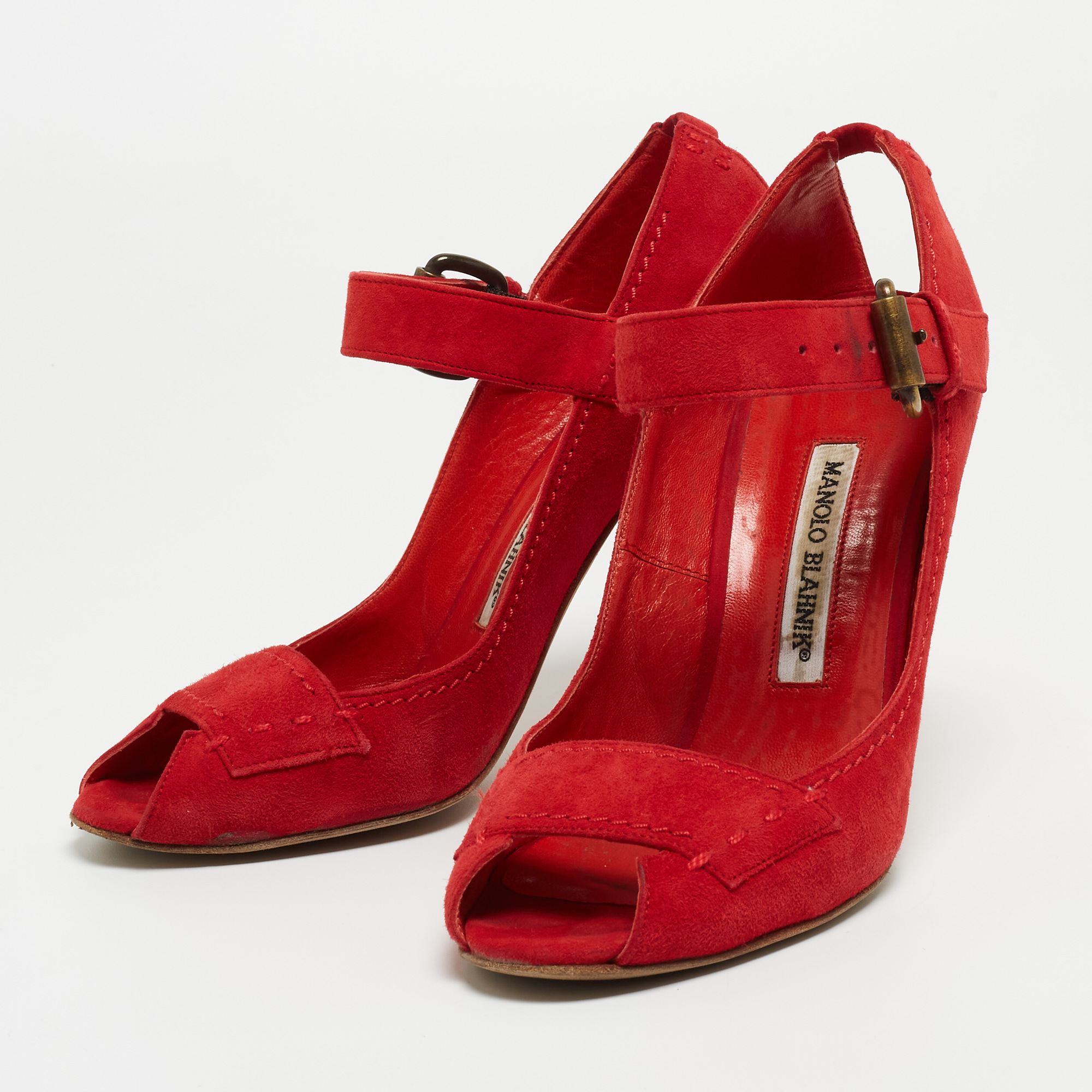 

Manolo Blahnik Red Suede Peep Toe Mary Jane Pumps Size