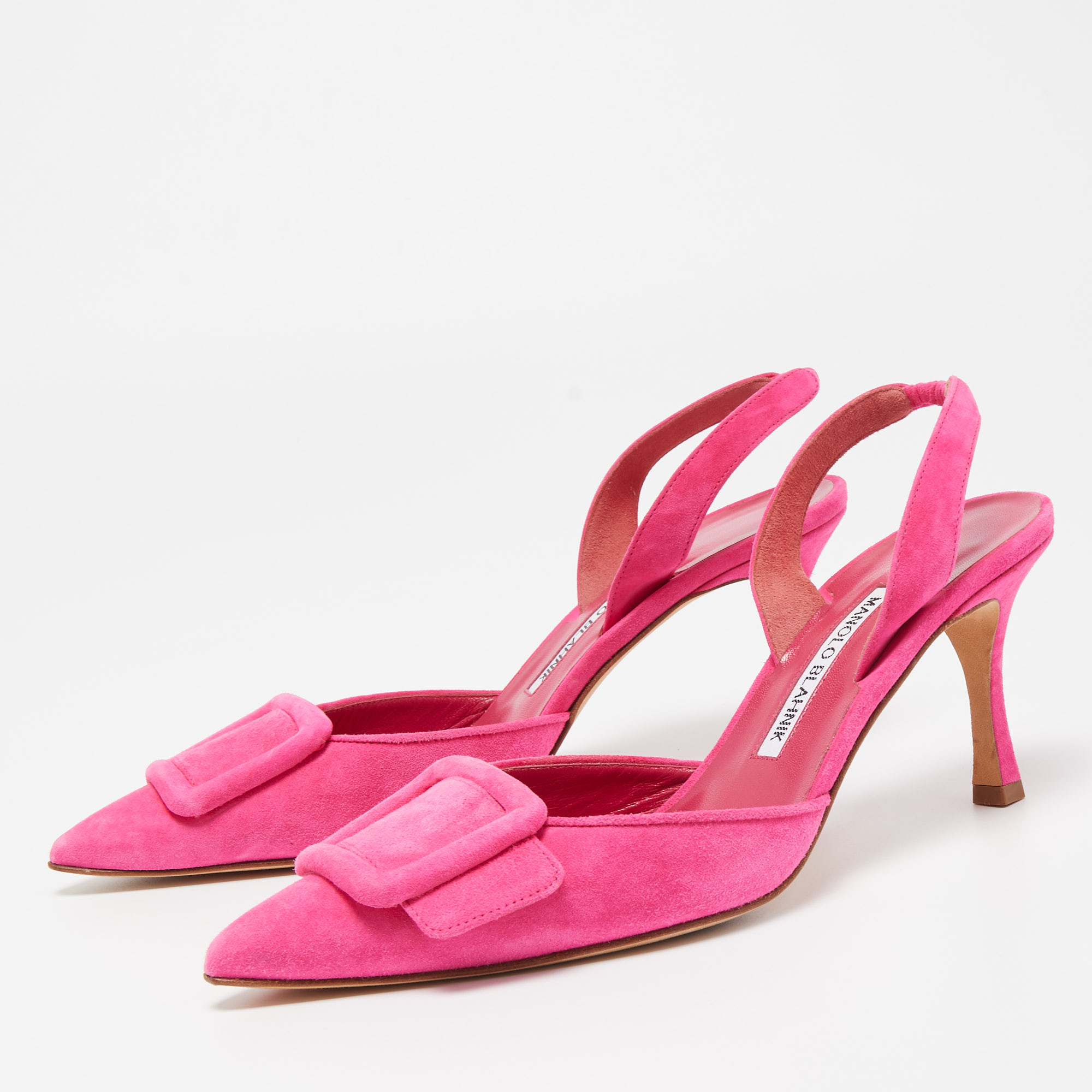 

Manolo Blahnik Pink Suede Maysale Slingback Pumps Size