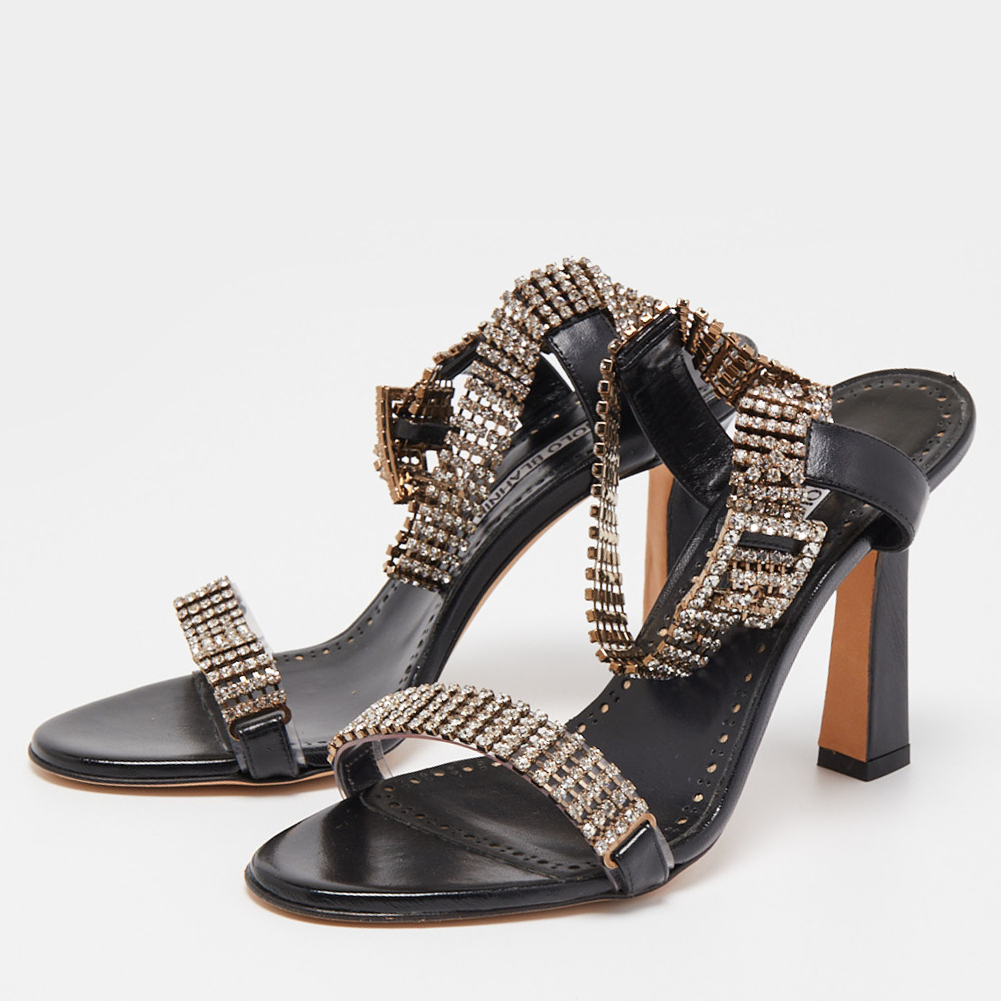 

Manolo Blahnik Black Leather Bashifa Ankle Strap Sandals Size