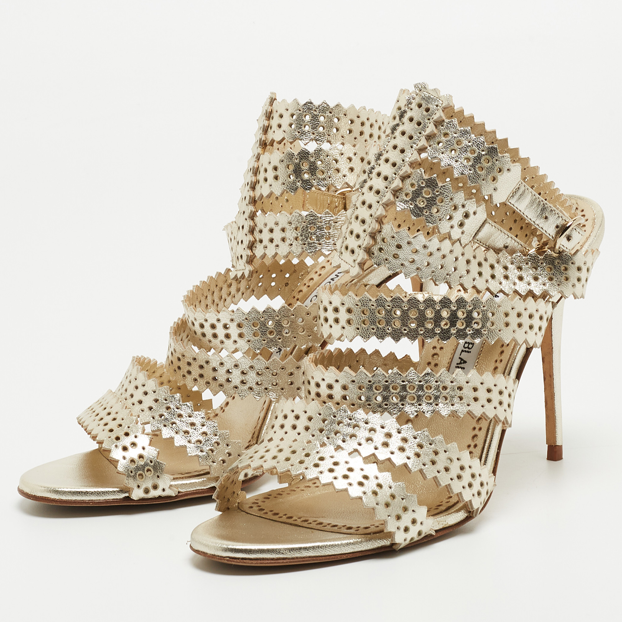 

Manolo Blahnik Light Gold Laser Cut Leather Ankle Strap Sandals Size