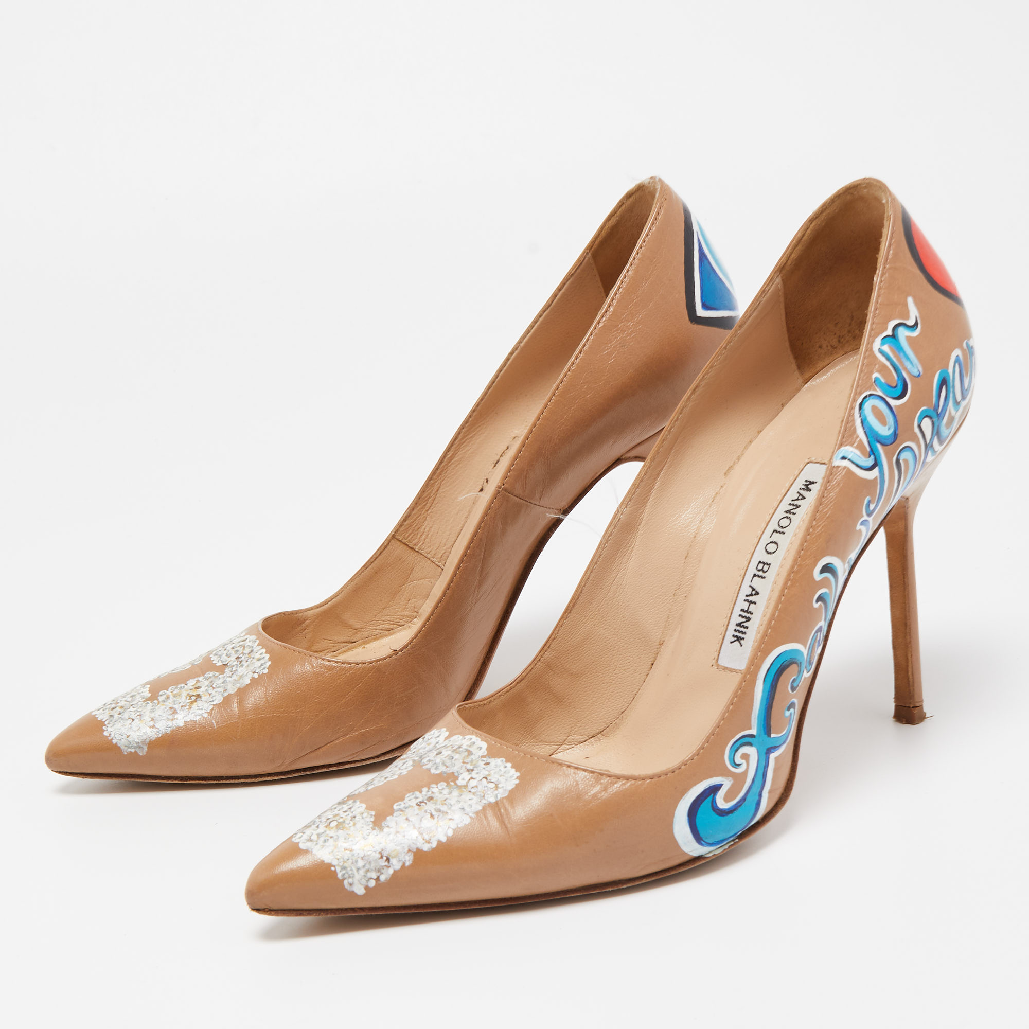 

Manolo Blahnik Tan Printed Leather BB Pumps Size