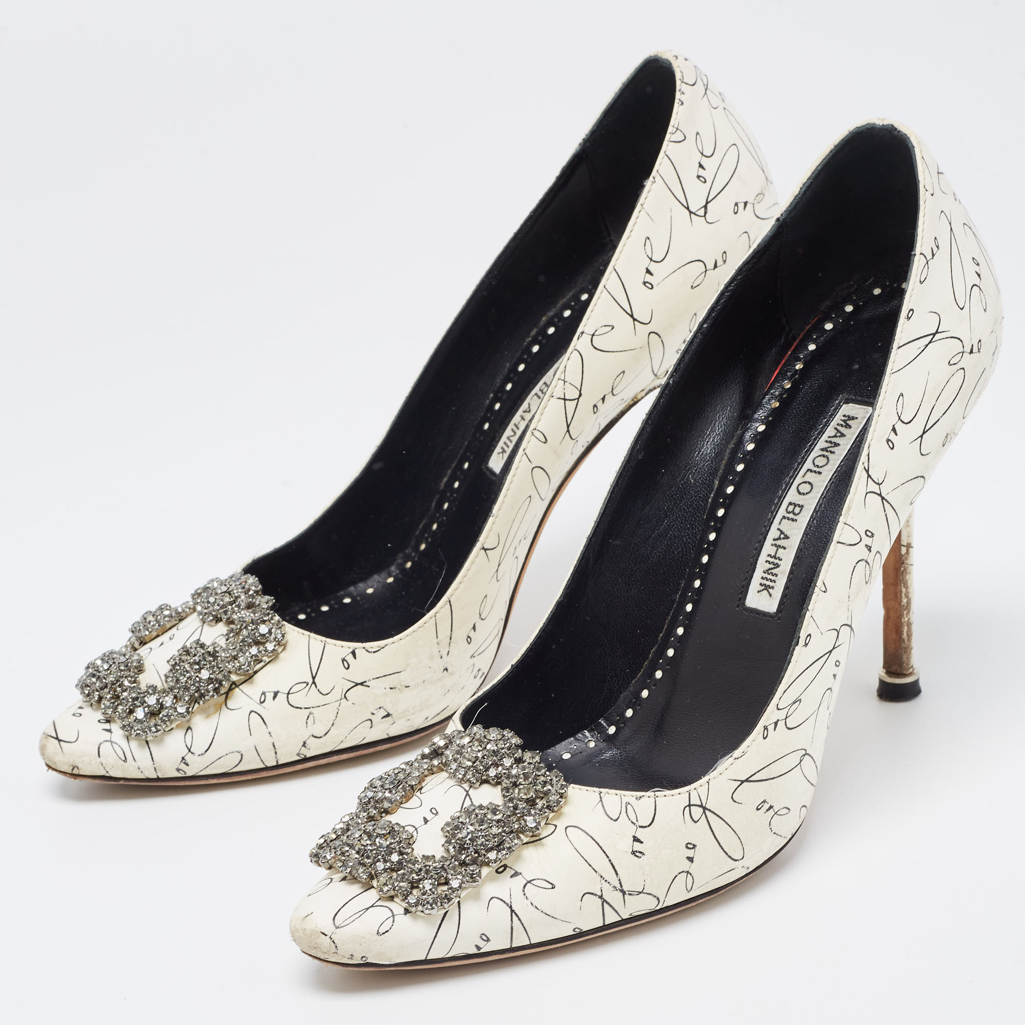 

Manolo Blahnik White/Black Leather Crystal Embellished Pointed Toe Pumps Size