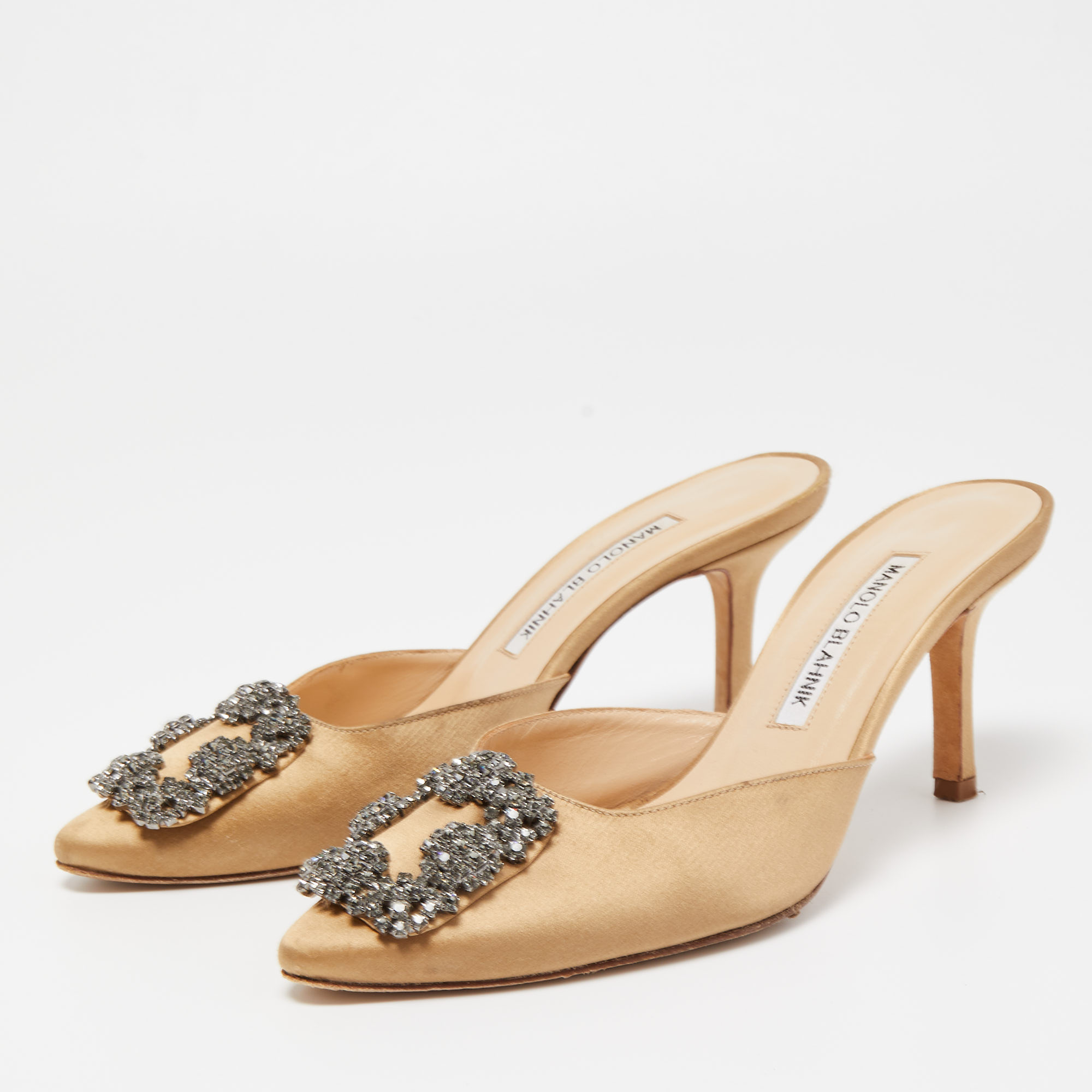 

Manolo Blahnik Beige Satin Hangisi Sandals Size