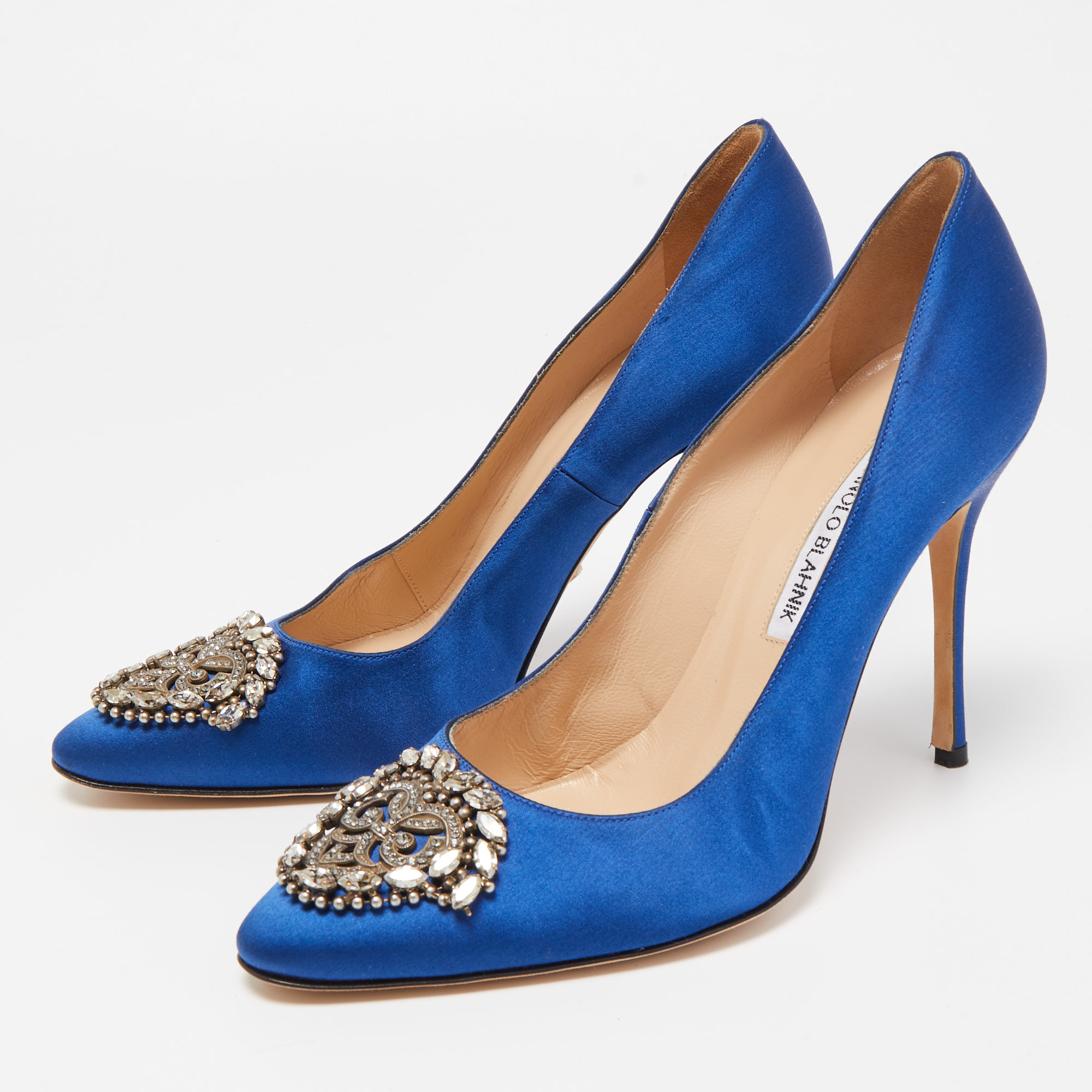 

Manolo Blahnik Blue Satin Okkato Pumps Size