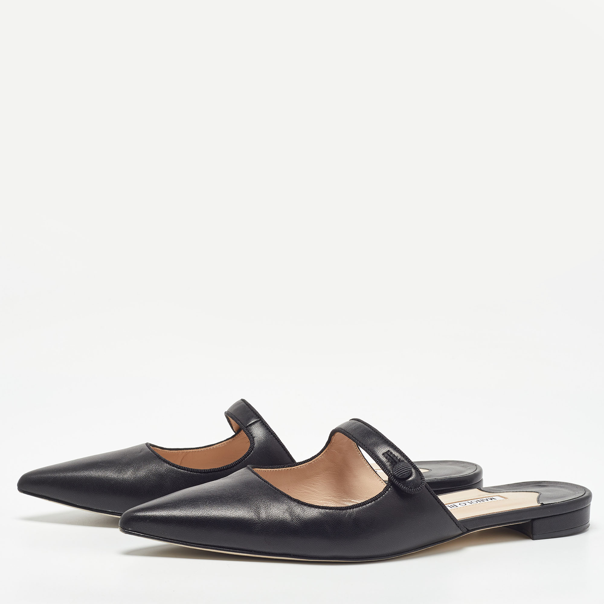 

Manolo Blahnik Black Leather Camparimu Flat Mules Size