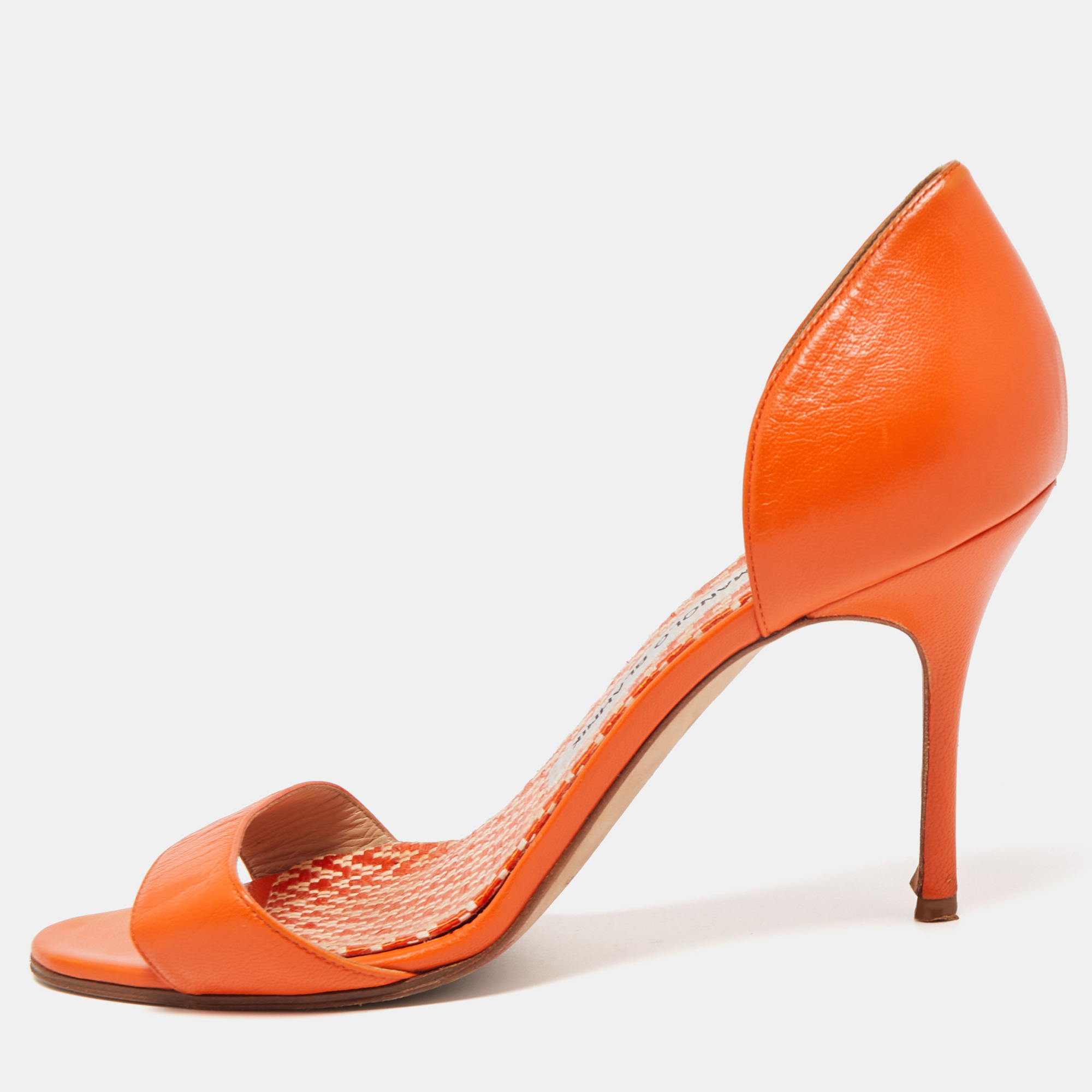 Pre-owned Manolo Blahnik Orange Leather Chaos Slide Sandals Size 37.5