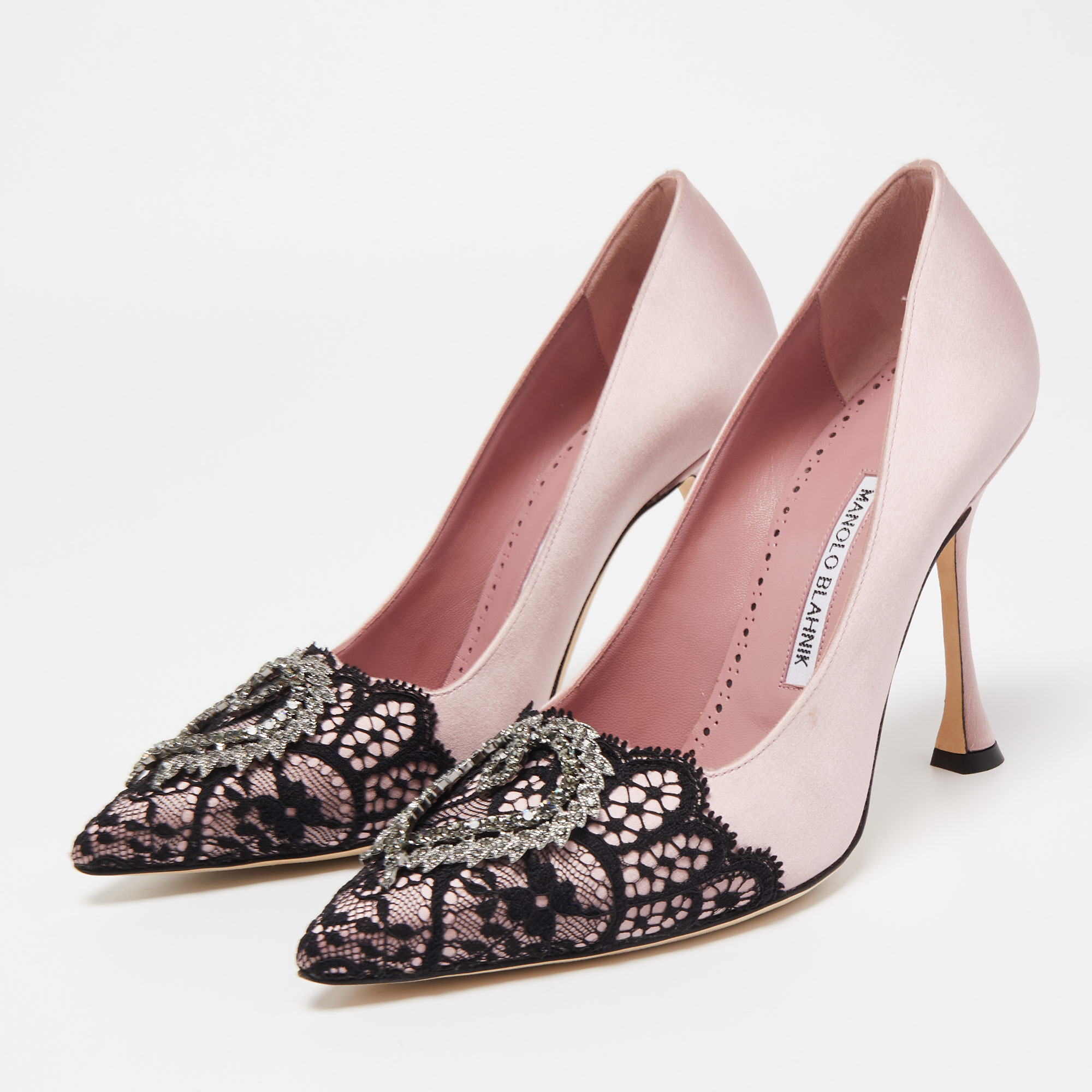 

Manolo Blahnik Pink/Black Satin and Lace Gerontiushi Pumps Size