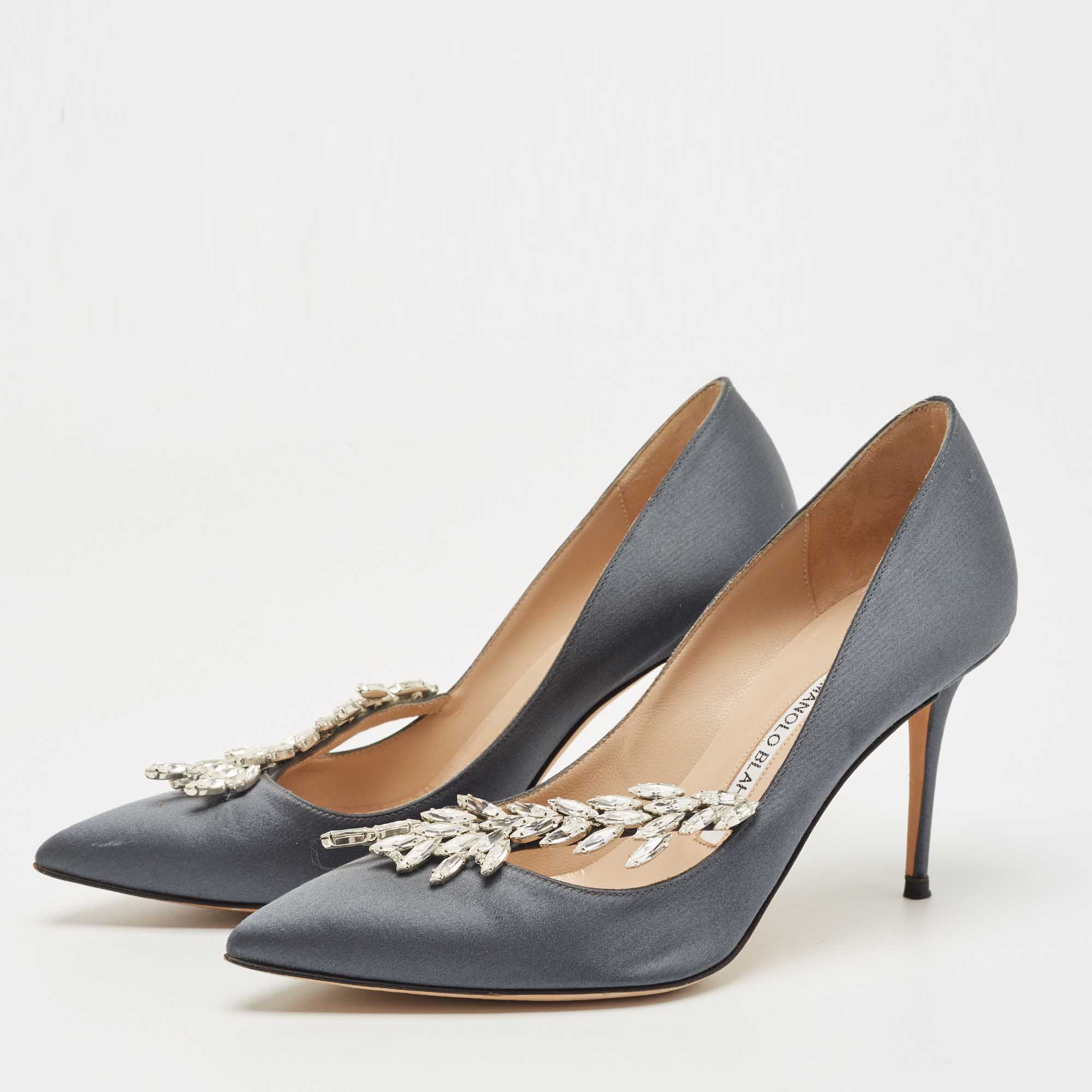 

Manolo Blahnik Grey Satin Nadira Pumps Size