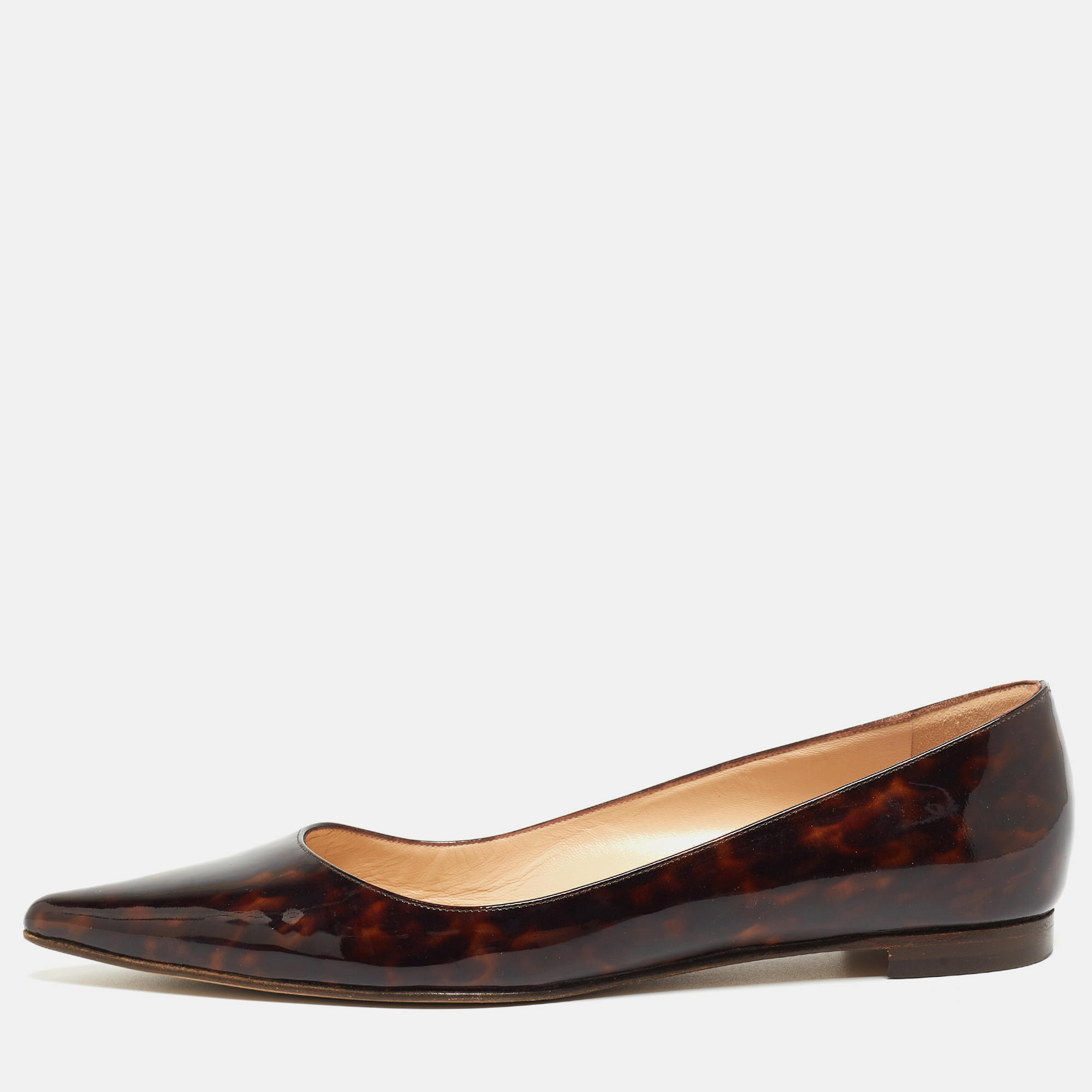 Pre-owned Manolo Blahnik Brown Patent Pointed Toe Ballet Flats Size 37.5