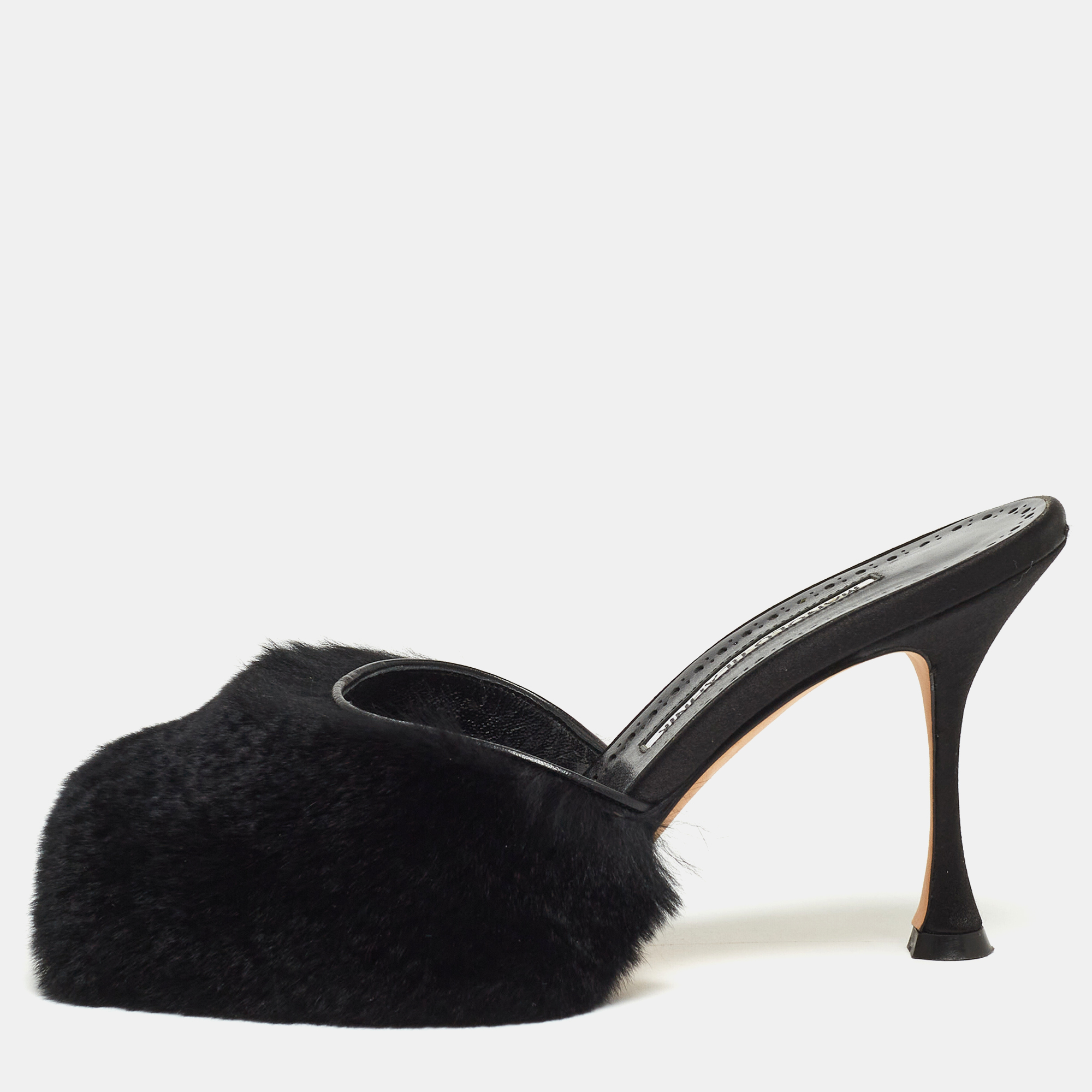 Pre-owned Manolo Blahnik Black Fur Slide Sandals Size 36.5
