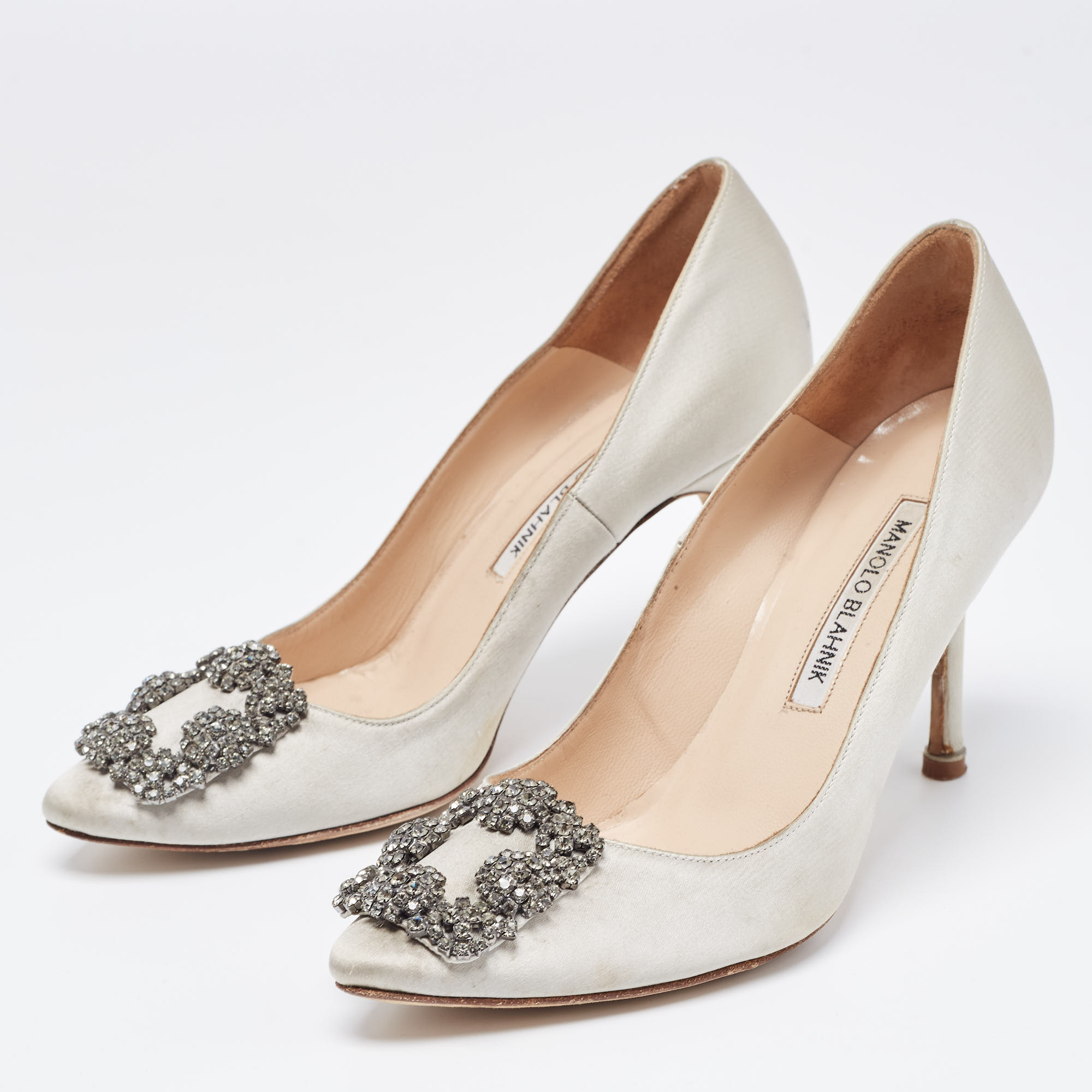 

Manolo Blahnik Grey Satin Hangisi Pumps Size