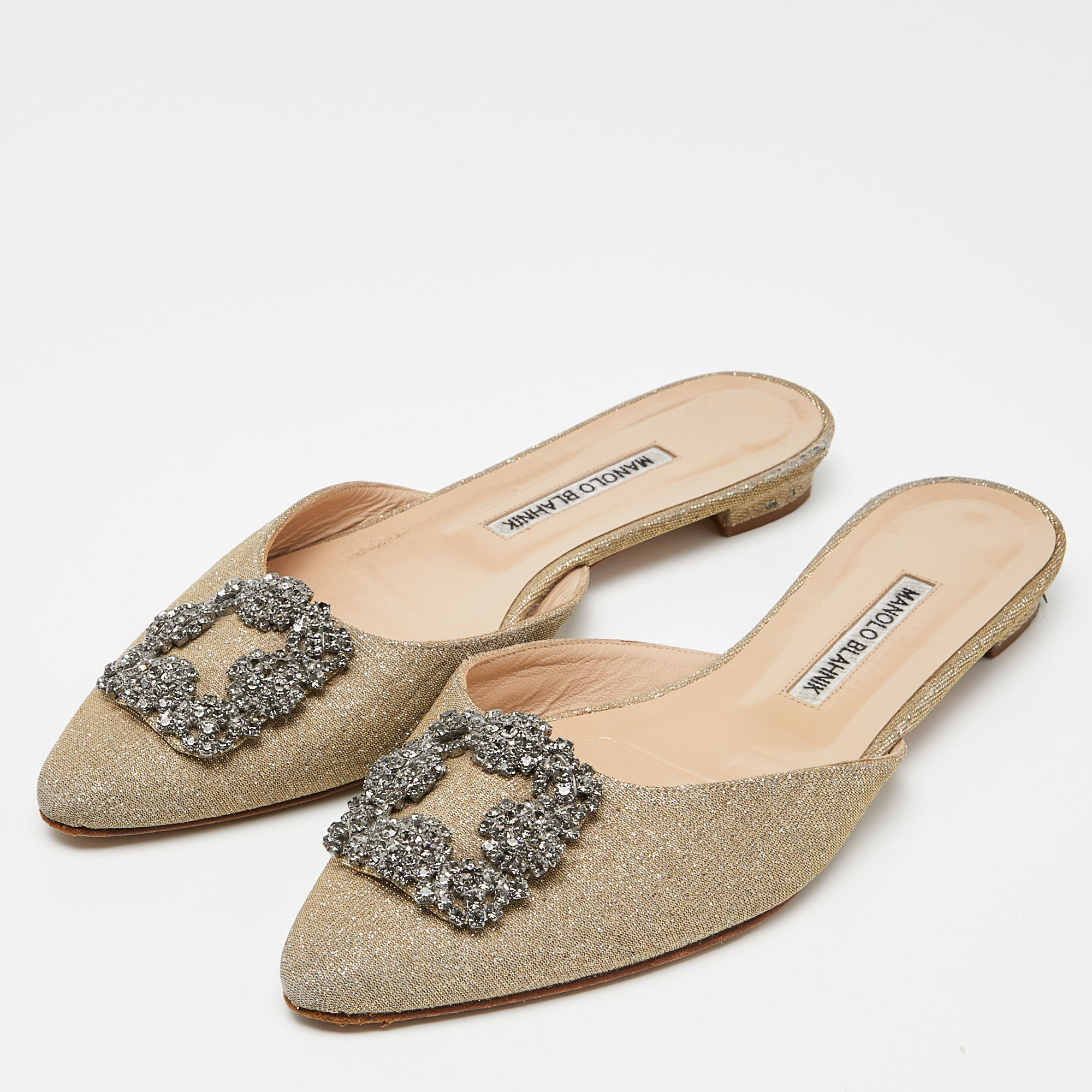 

Manolo Blahnik Beige Lurex Fabric Hangisi Flat Mules Size