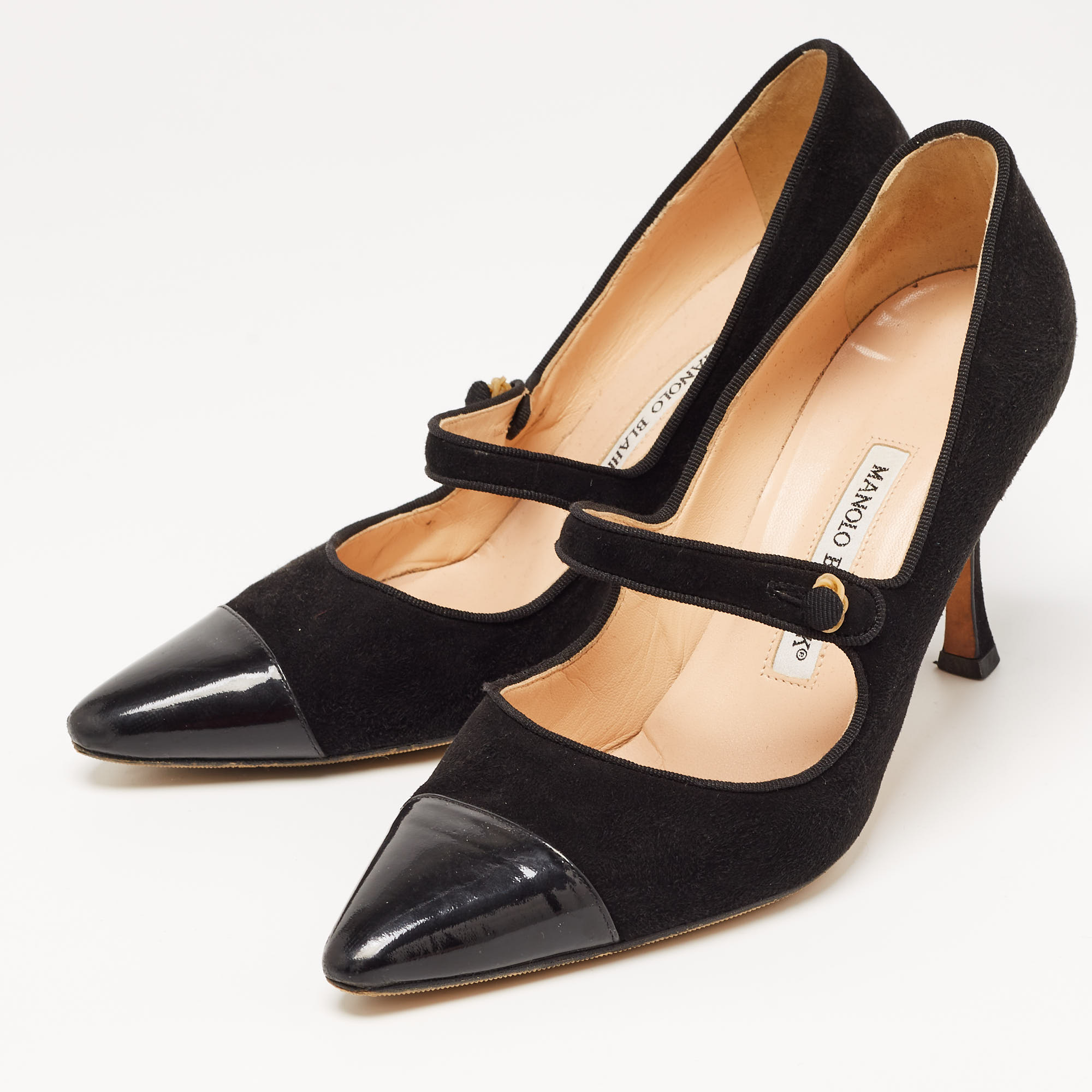 

Manolo Blahnik Black Suede and Patent Campari Pumps Size