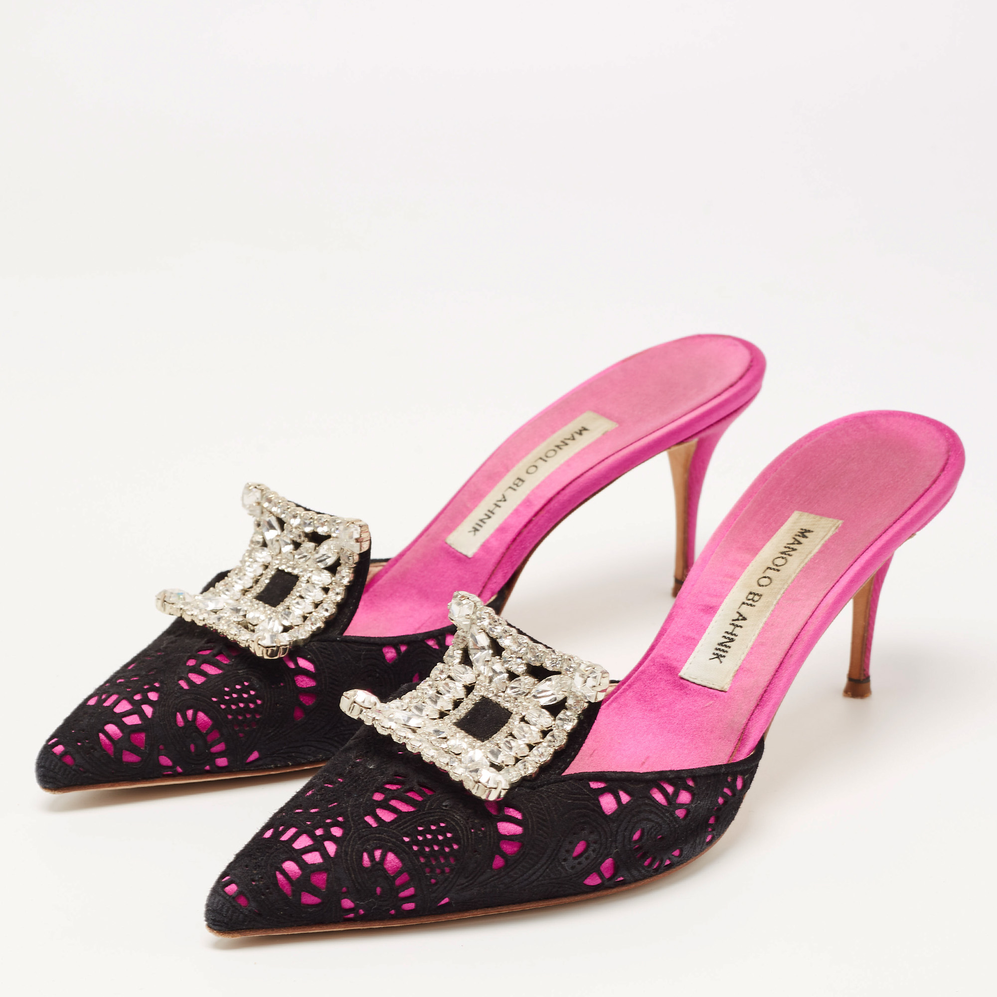 

Manolo Blahnik Pink/Black Satin and Lace Borli Crystal Embellished Mules Size