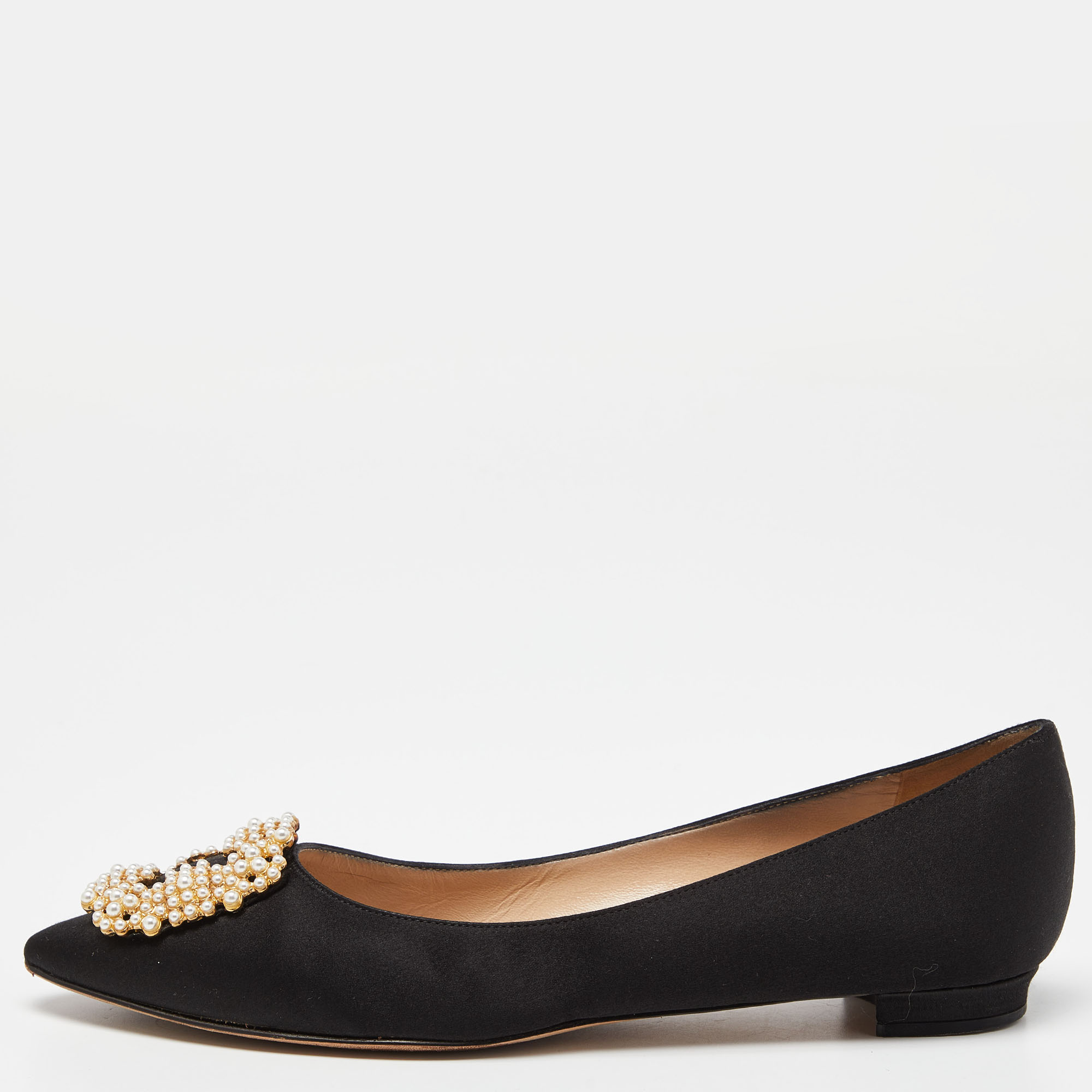 Pre Owned Manolo Blahnik Black Satin Hangisi Ballet Flats Size 37.5