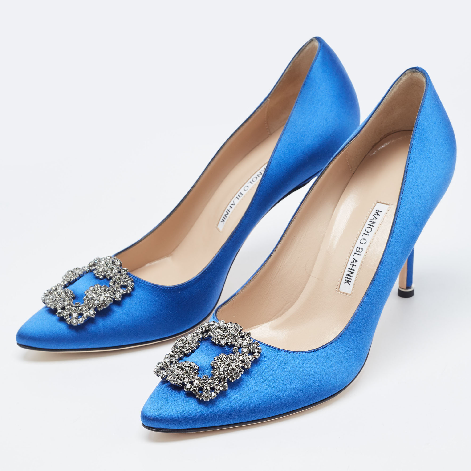 

Manolo Blahnik Blue Satin Hangisi Pumps Size