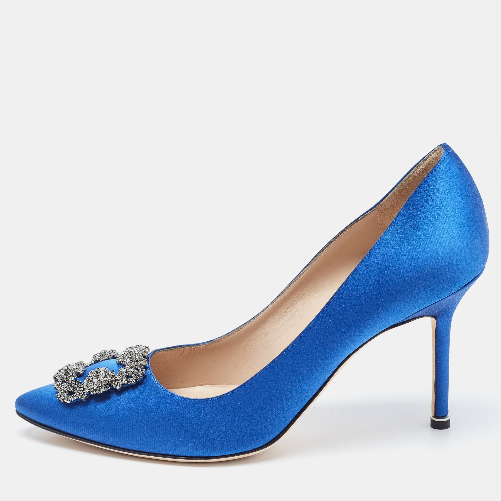 Pre Owned Manolo Blahnik Blue Satin Hangisi Pumps Size 41