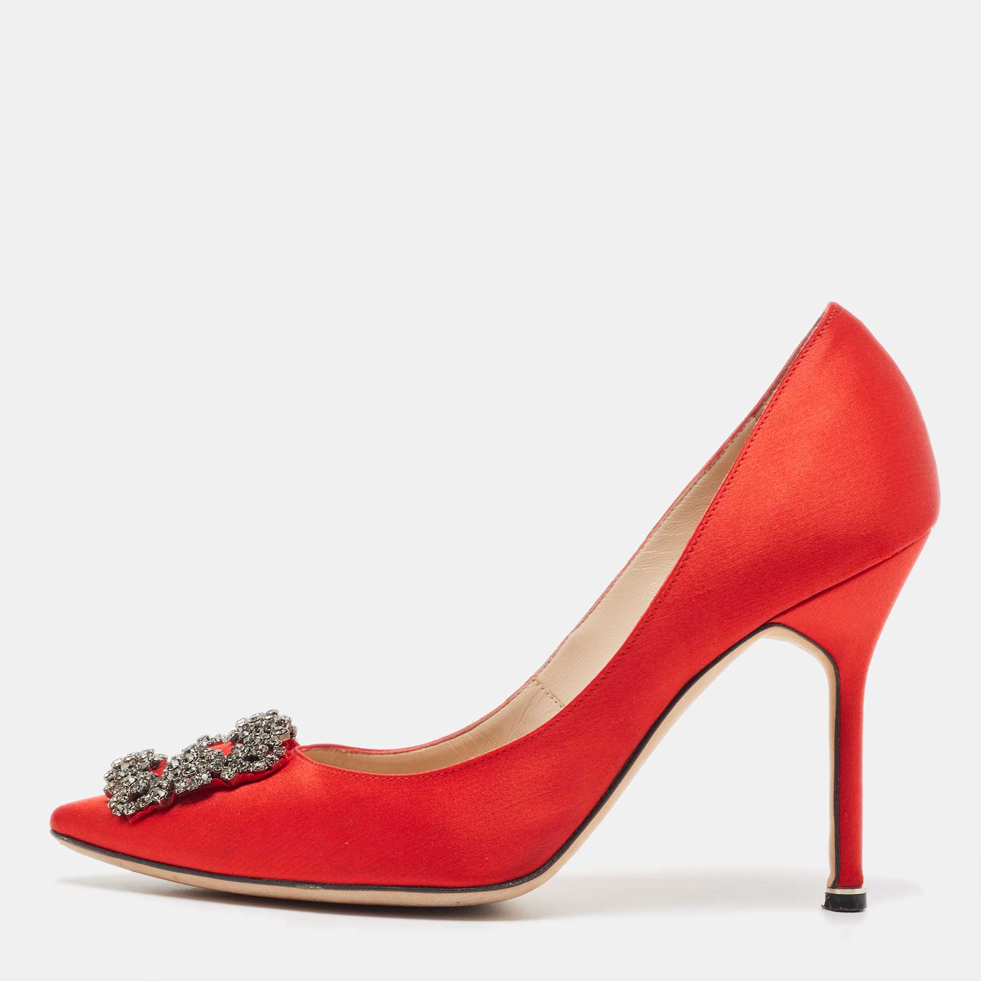 Pre-owned Manolo Blahnik Red Satin Hangisi Pumps Size 39
