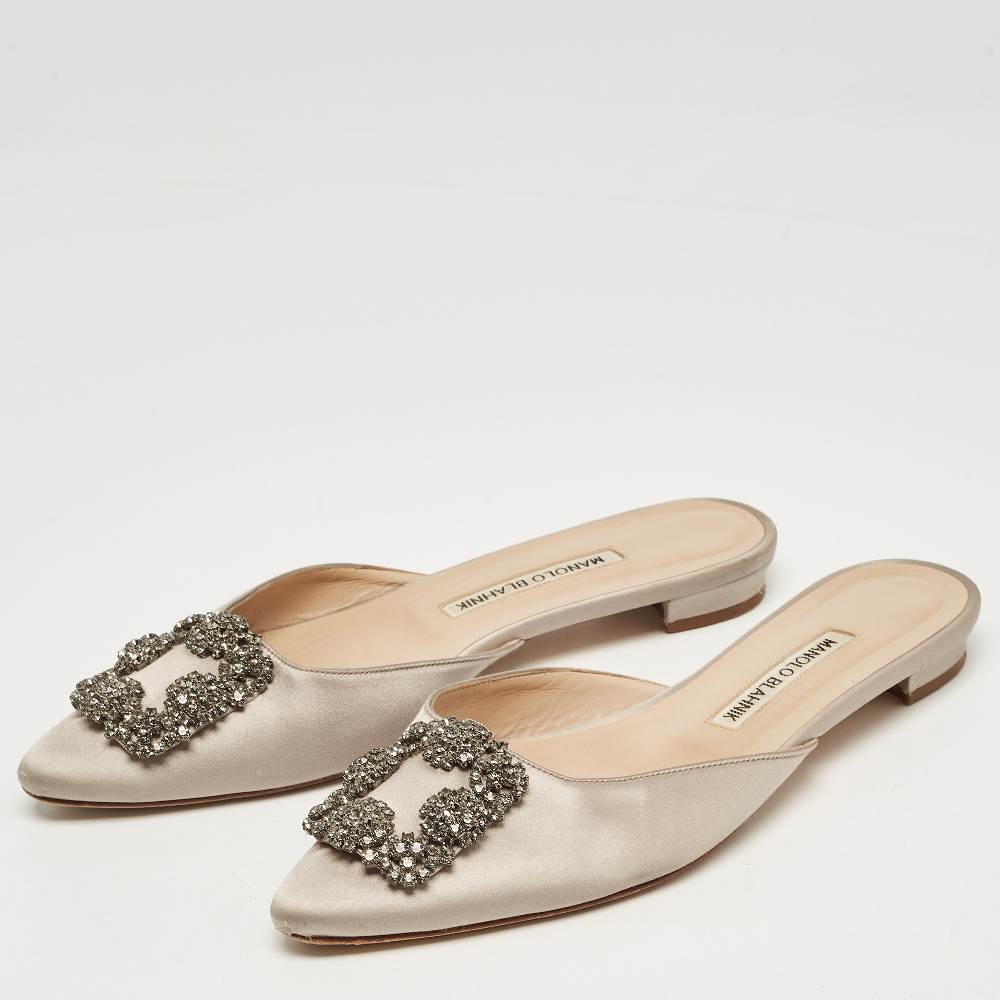 

Manolo Blahnik Grey Satin Hangisi Flat Mules Size