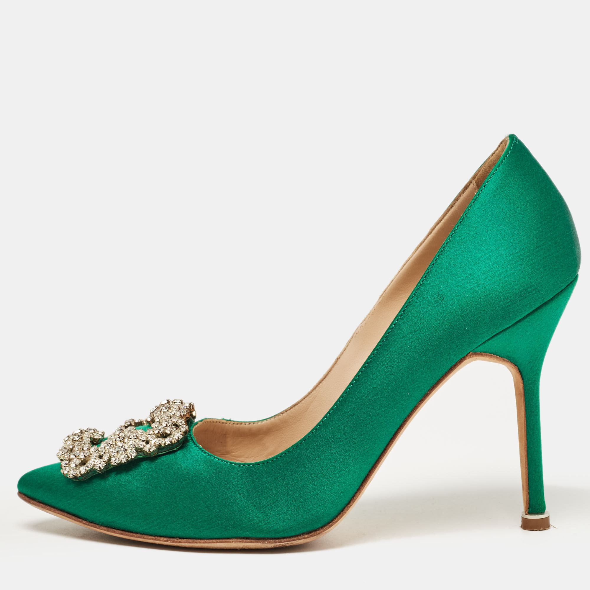Pre-owned Manolo Blahnik Green Satin Hangisi Pumps Size 36