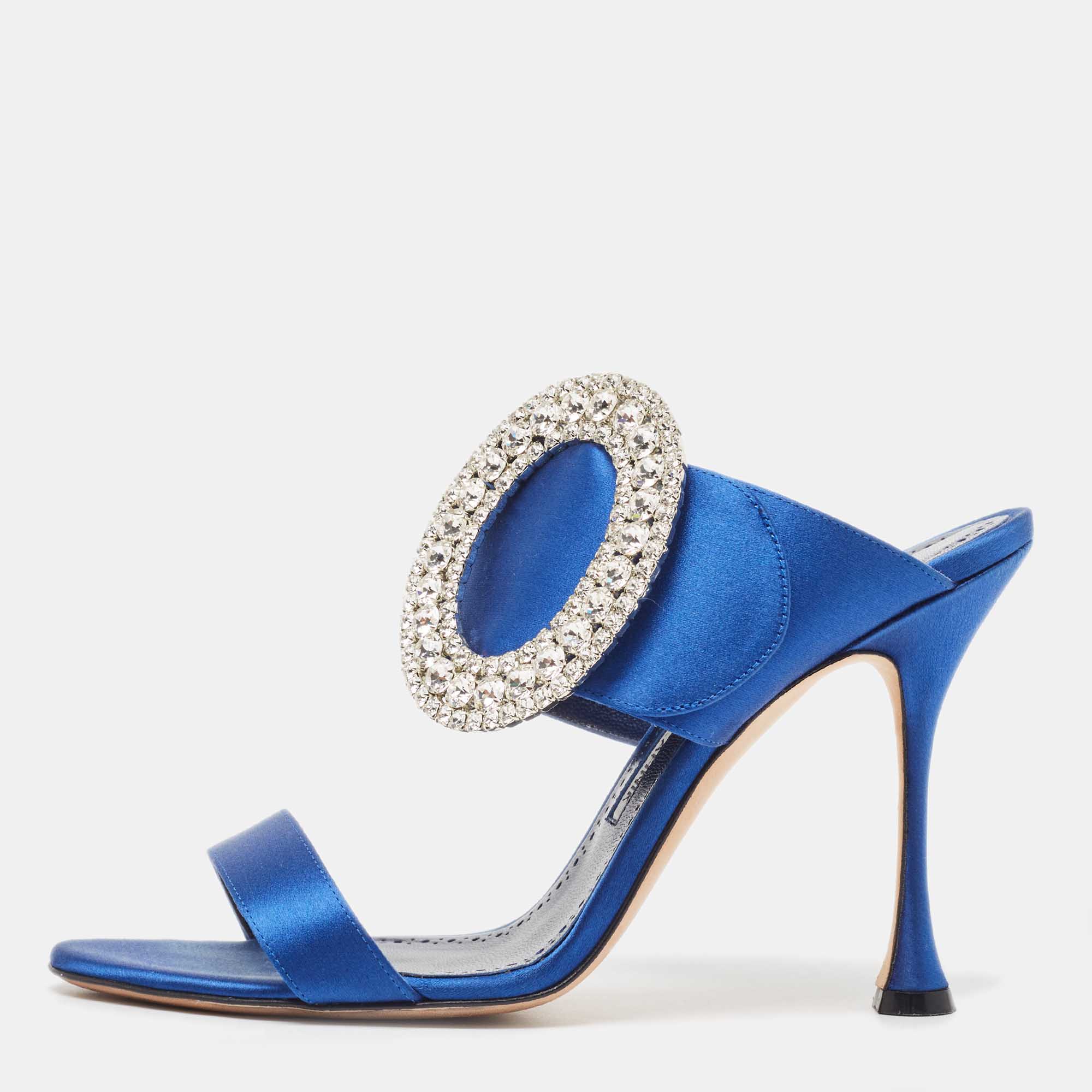 Pre-owned Manolo Blahnik Blue Satin Fibiona Embellished Slide Sandals Size 39.5