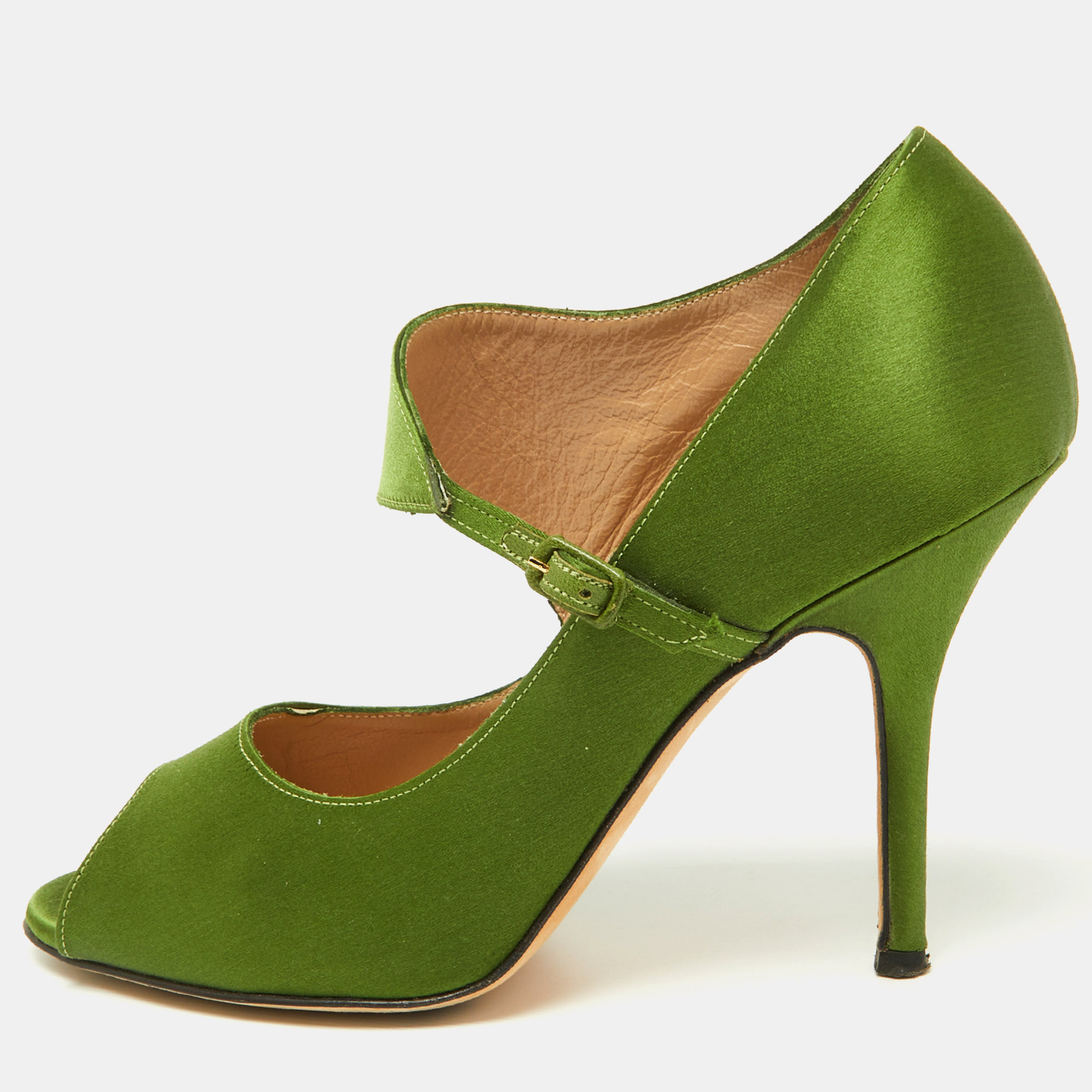 

Manolo Blahnik Green Satin Mary Jane Peep Toe Pumps Size