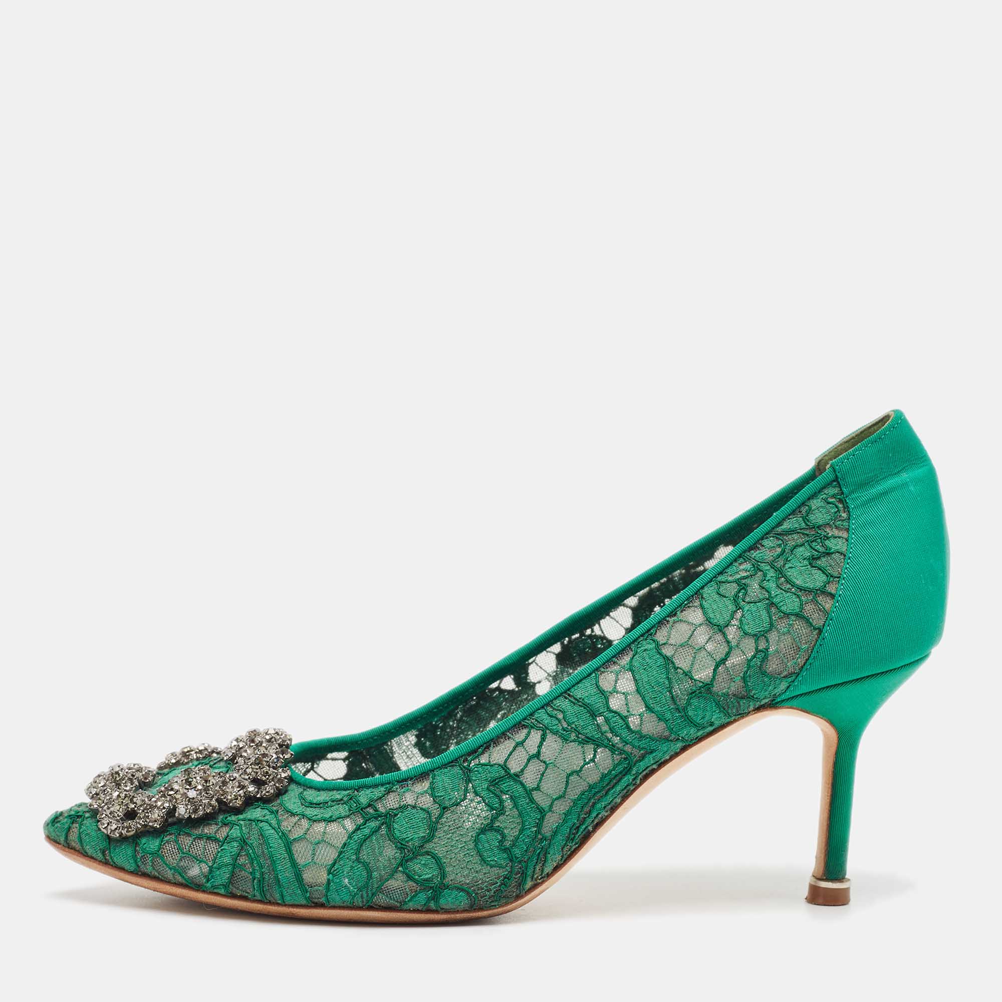 Pre-owned Manolo Blahnik Green Lace Hangisi Pumps Size 35.5