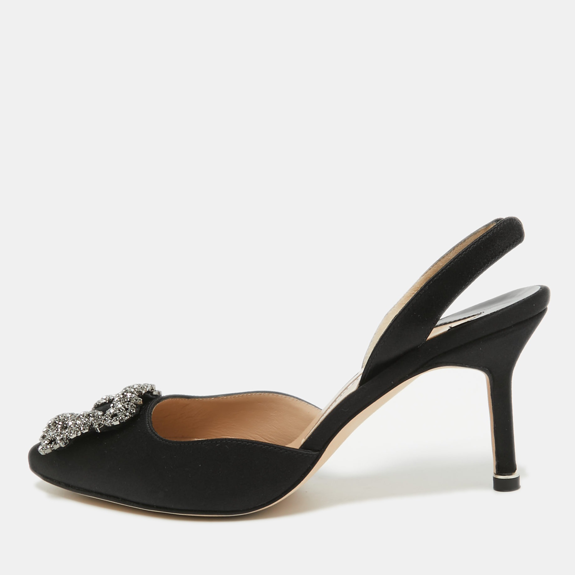 Pre Owned Manolo Blahnik Black Satin Hangisli Slingback Pumps Size 37