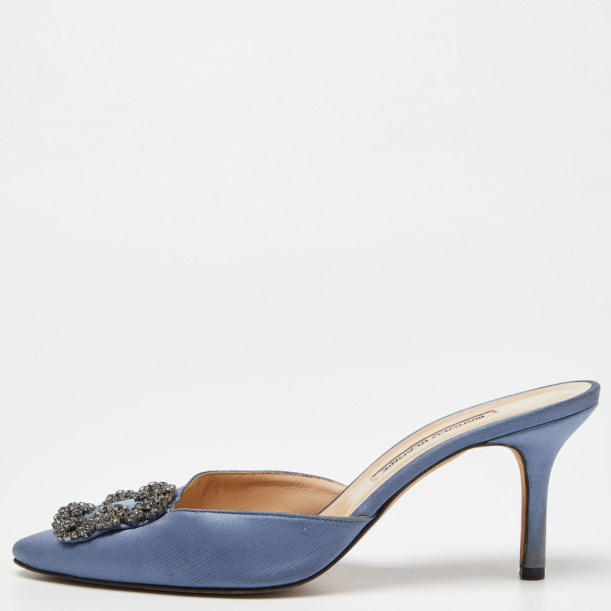 Pre Owned Manolo Blahnik Blue Satin Hangisimu Mules Size 40