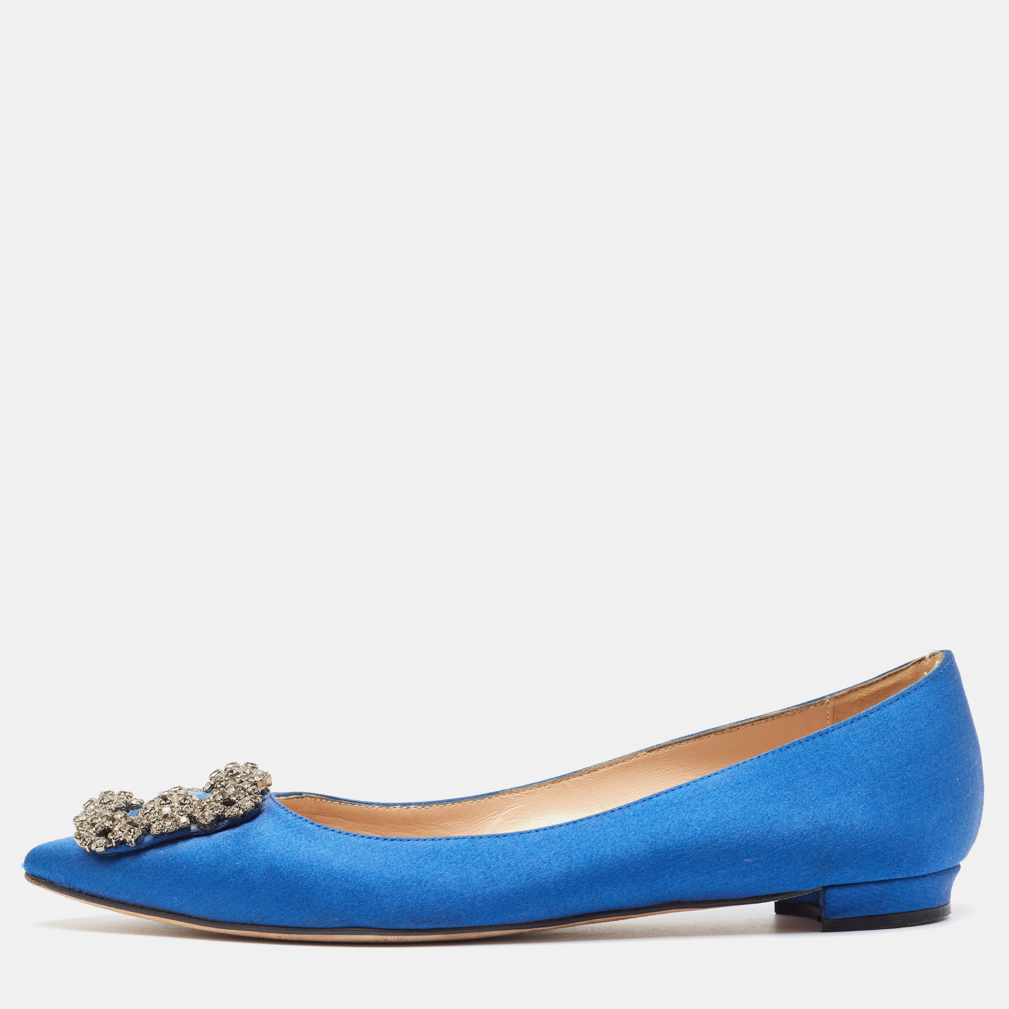 Pre-owned Manolo Blahnik Blue Satin Hangisi Flats Size 37