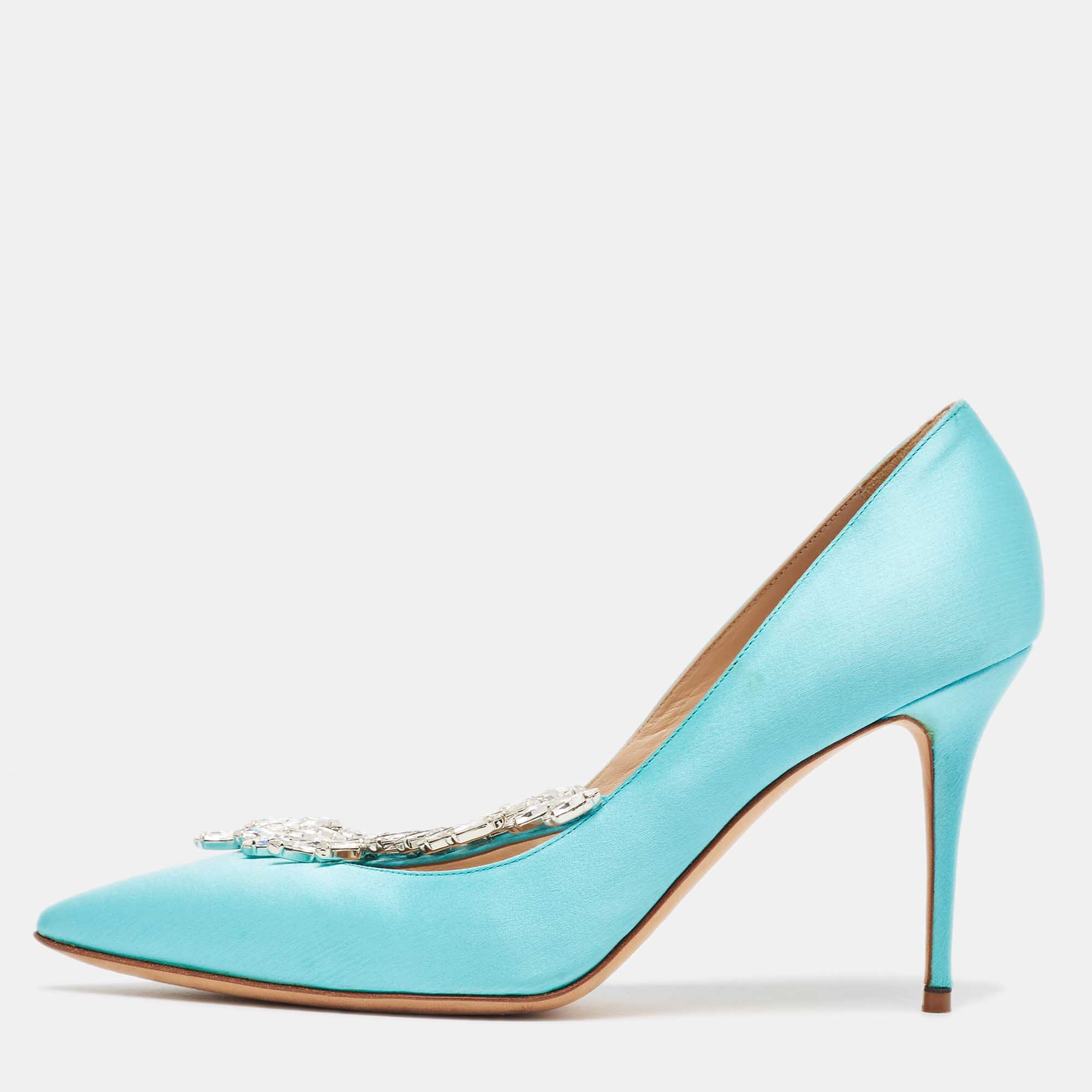 Pre-owned Manolo Blahnik Blue Satin Nadira Pumps Size 38.5