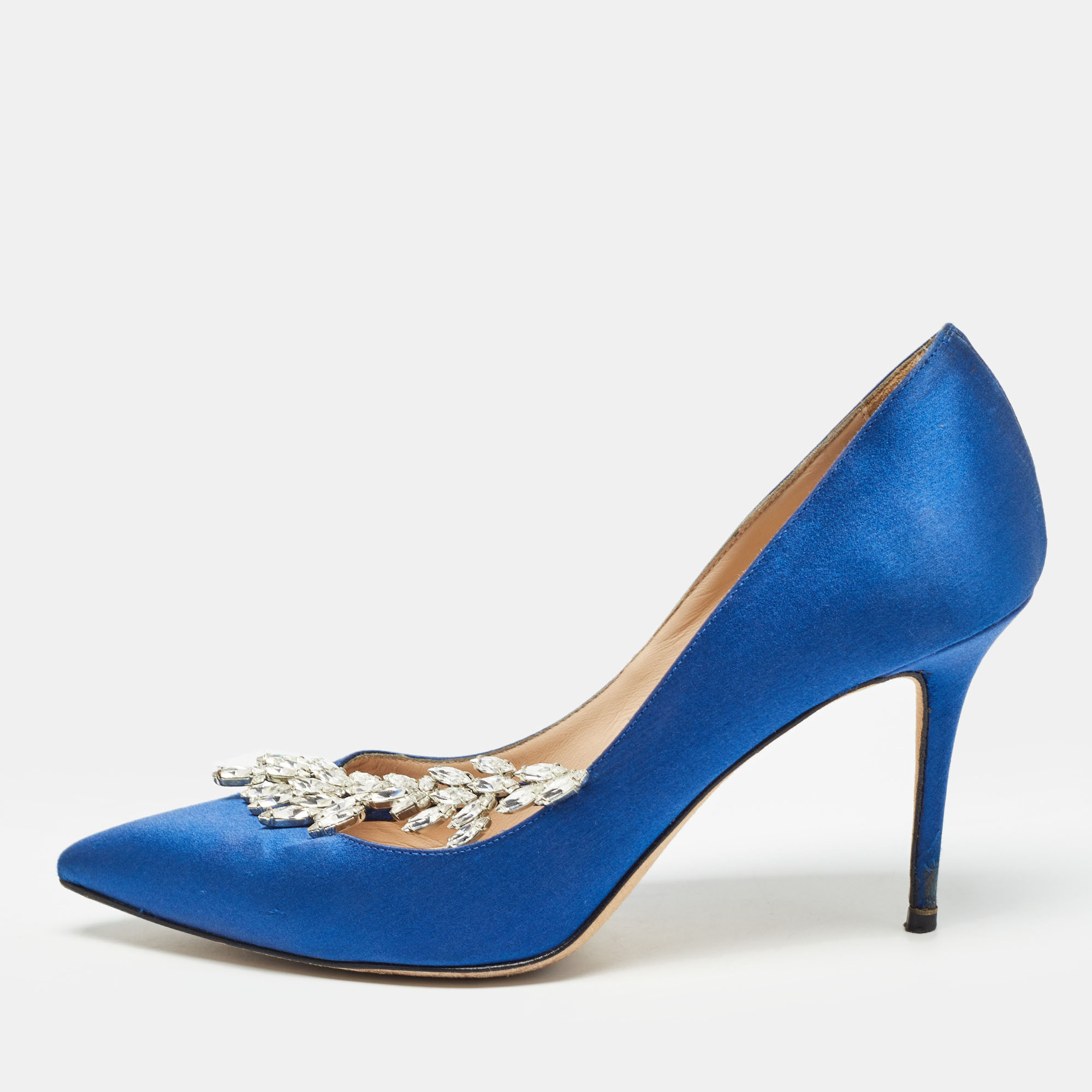 

Manolo Blahnik Satin Nadira Crystal Embellished Pointed Toe Pumps Size, Blue