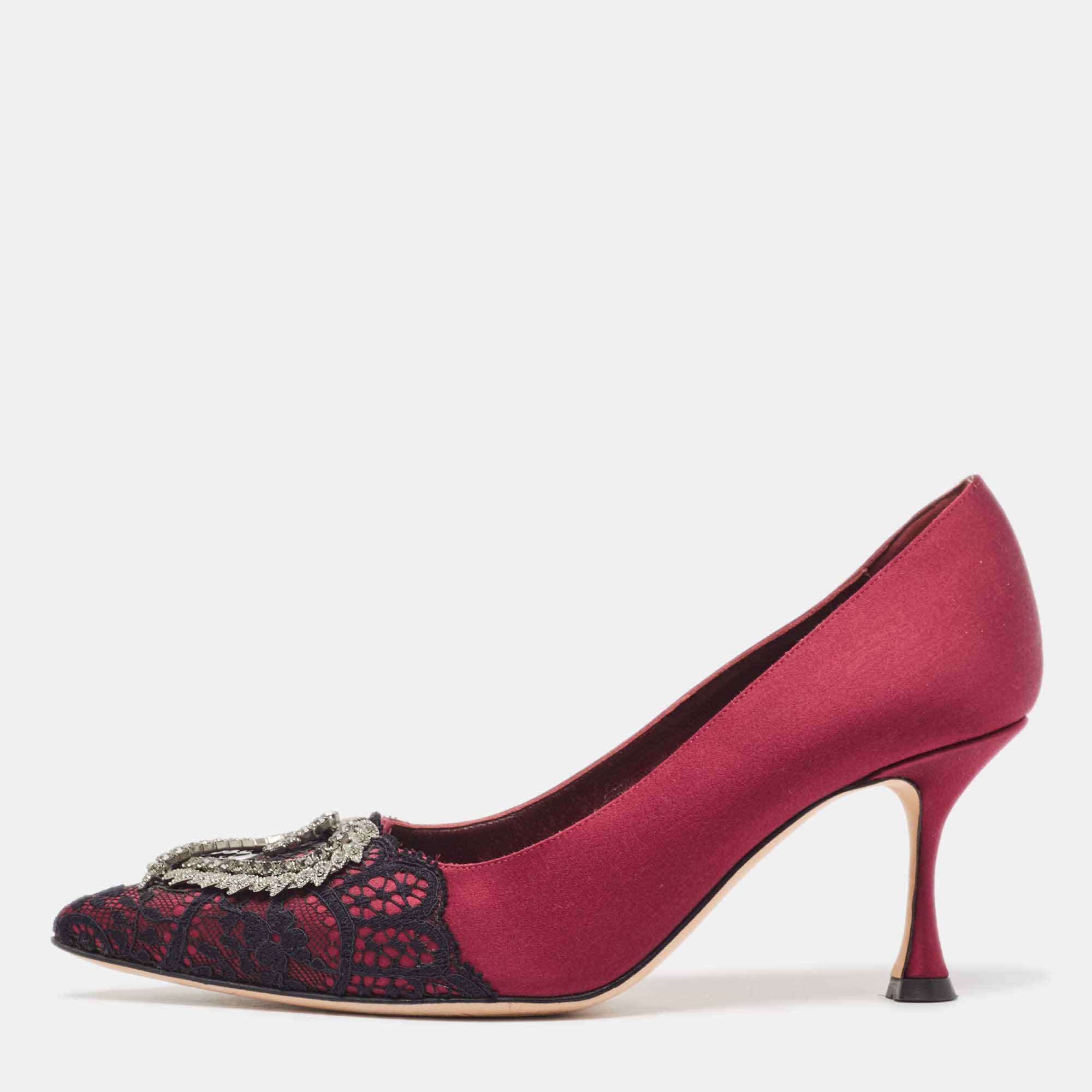 

Manolo Blahnik Burgundy/Black Satin and Lace Gerontiushi Pumps Size