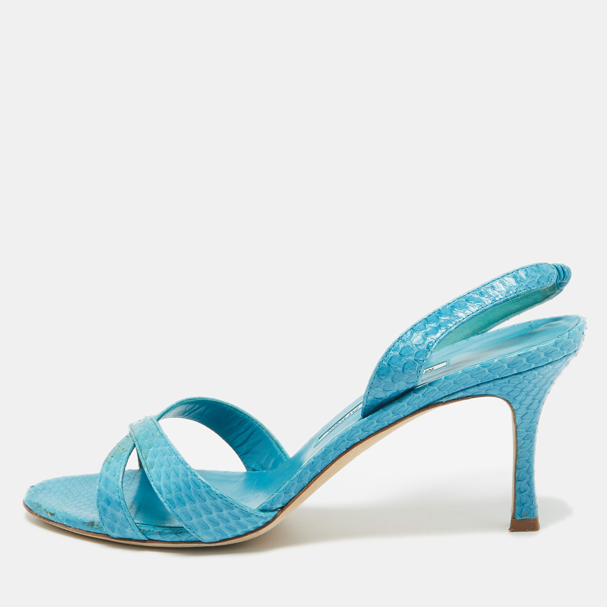 

Manolo Blahnik Blue Python Slingback Sandals Size