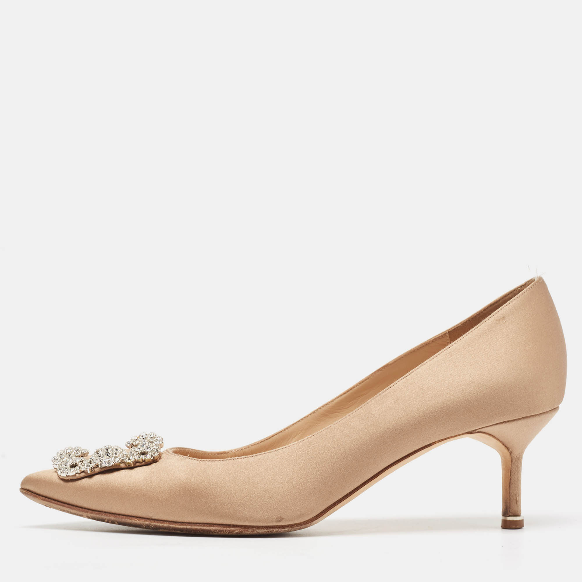 

Manolo Blahnik Brown Satin Hangisi Pumps Size