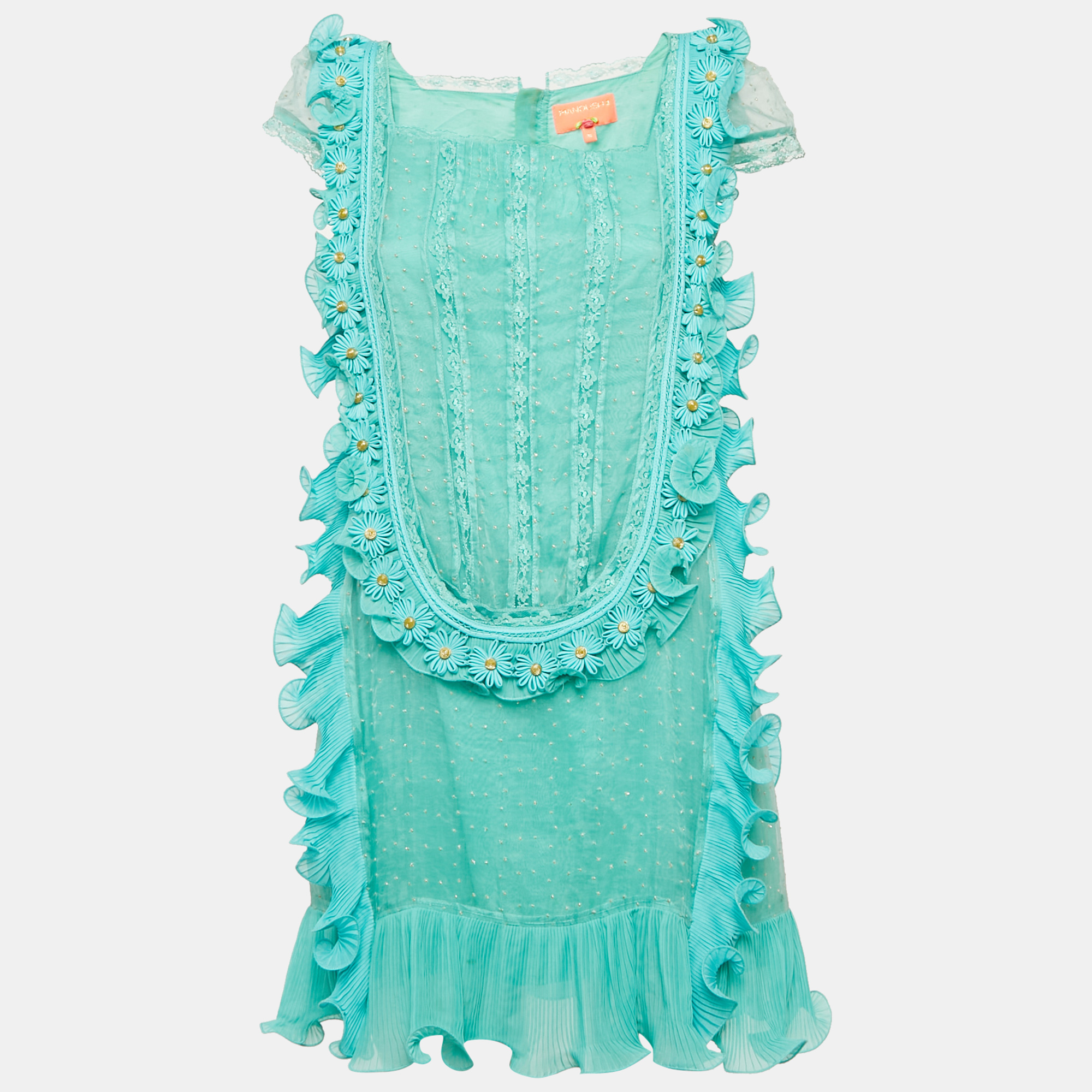 

Manoush Sea Green Embellished Silk Ruffle Detail Short Dress S