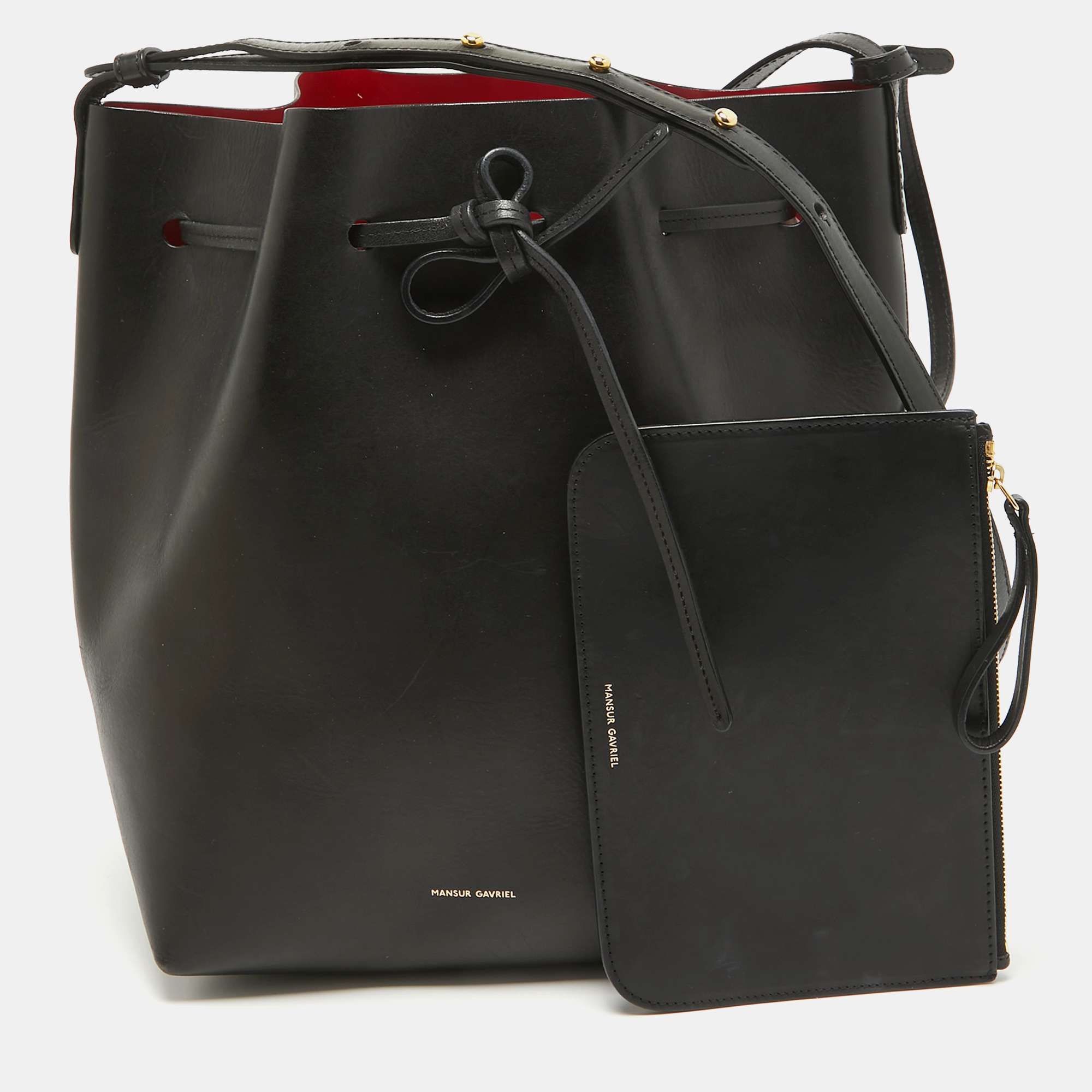 Pre-owned Mansur Gavriel Black Leather Drawstring Bucket Bag