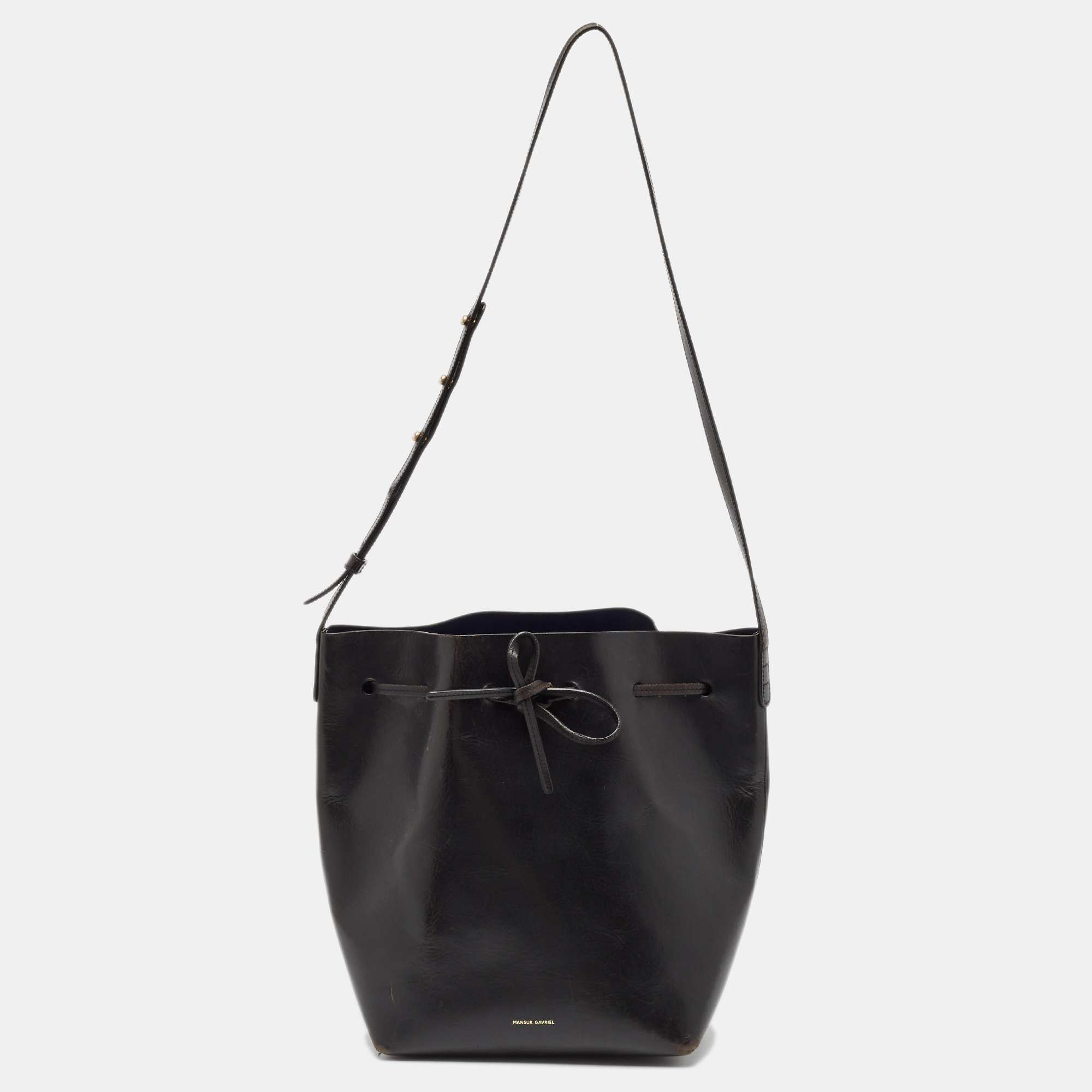 

Mansur Gavriel Black Glossy Leather Drawstring Bucket Bag