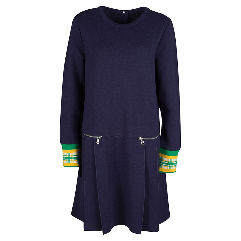 Pre Owned Marc By Marc Jacobs Indigo Drop Waist Zip Detail Sweatshirt Dress L