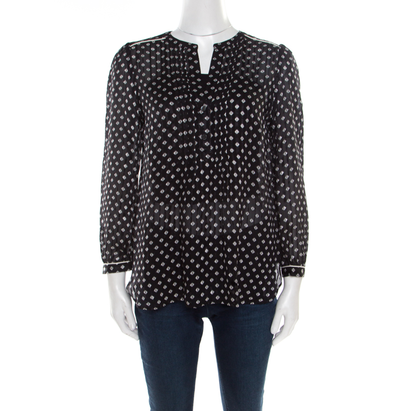 Pre Owned Marc By Marc Jacobs Monochrome Printed Silk Long Sleeve Blouse XS