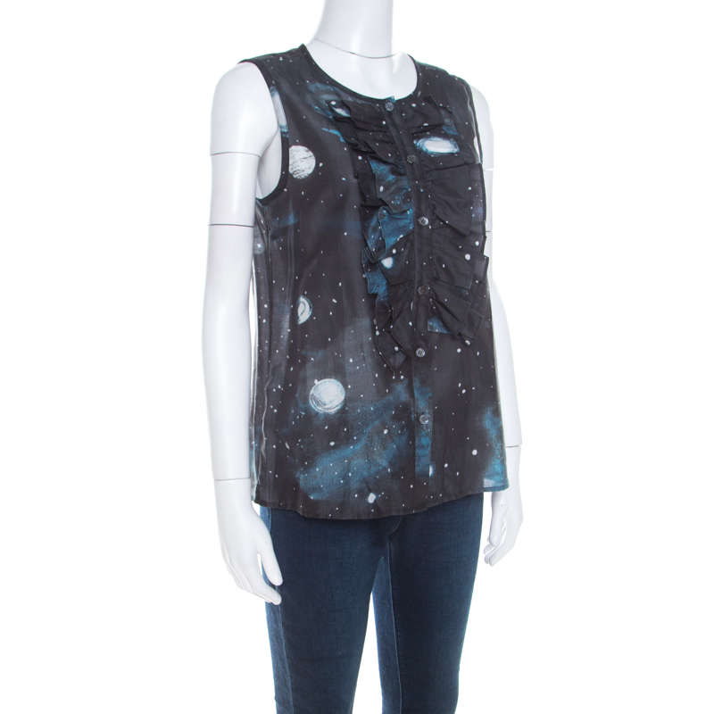 

Marc by Marc Jacobs Black Stargazer Print Cotton Silk Ruffled Sleeveless Top